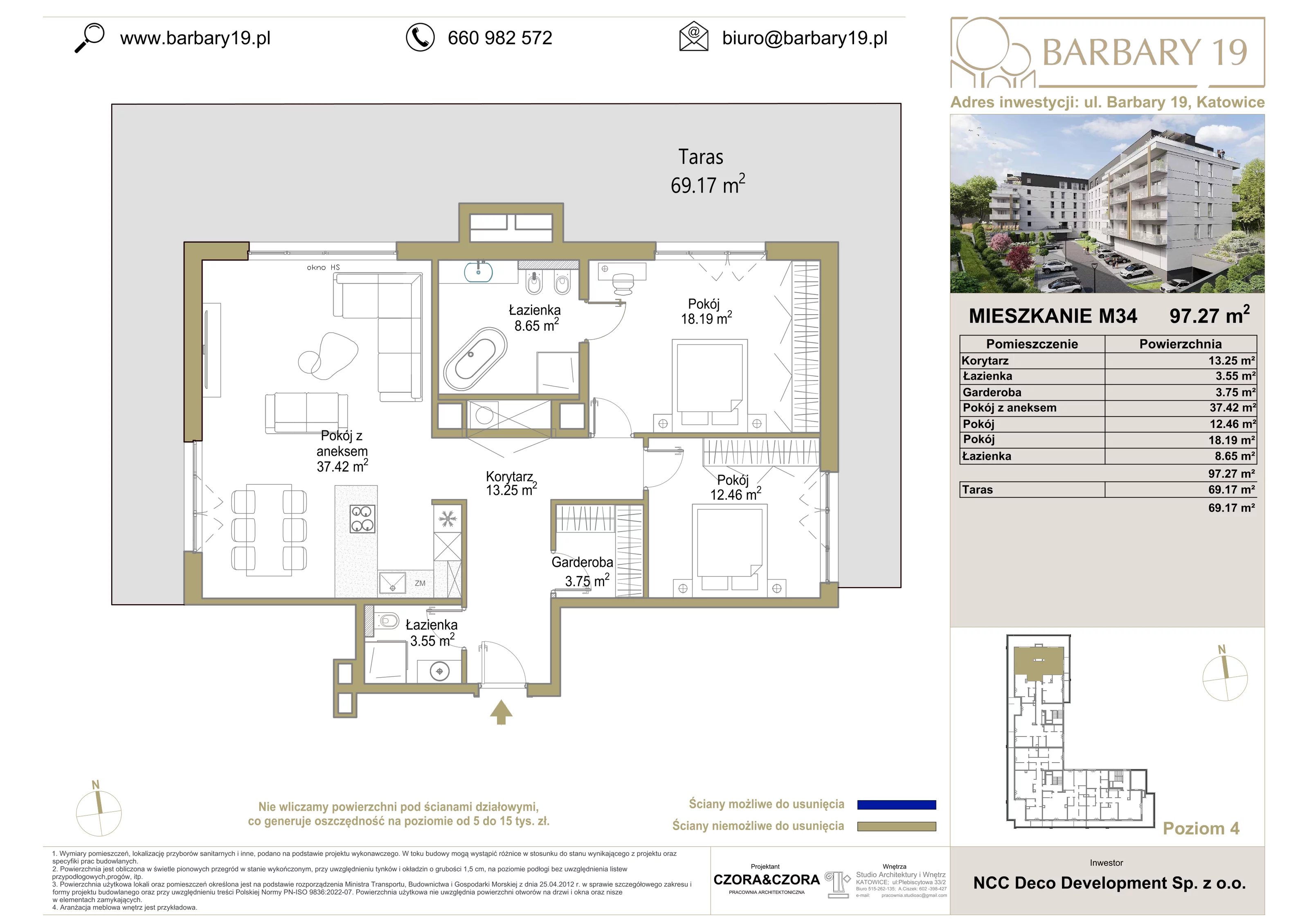 3 pokoje, apartament 97,27 m², piętro 4, oferta nr 34, Apartamenty Barbary 19, Katowice, Śródmieście, ul. Barbary 19