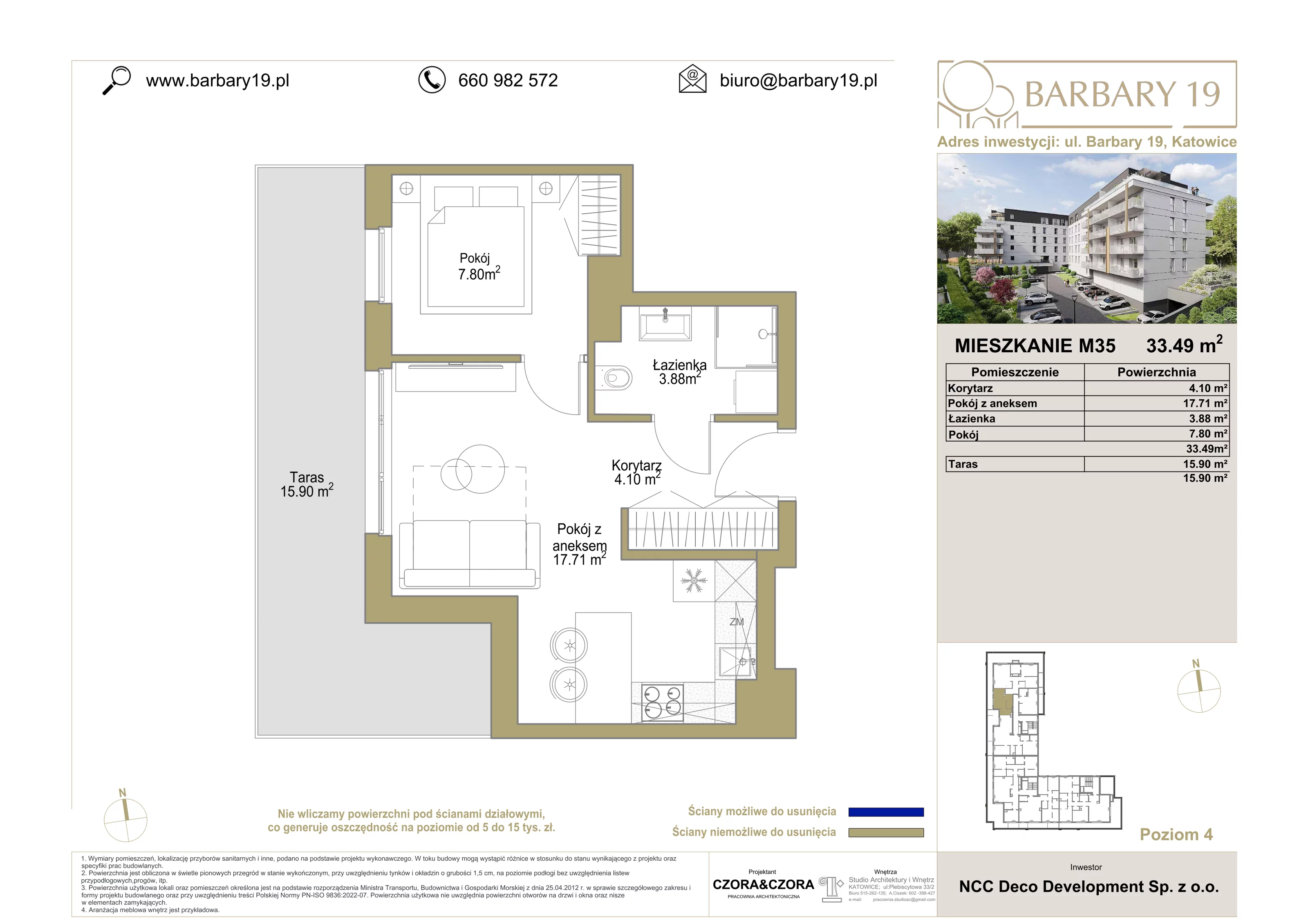 2 pokoje, apartament 33,49 m², piętro 4, oferta nr 35, Apartamenty Barbary 19, Katowice, Śródmieście, ul. Barbary 19