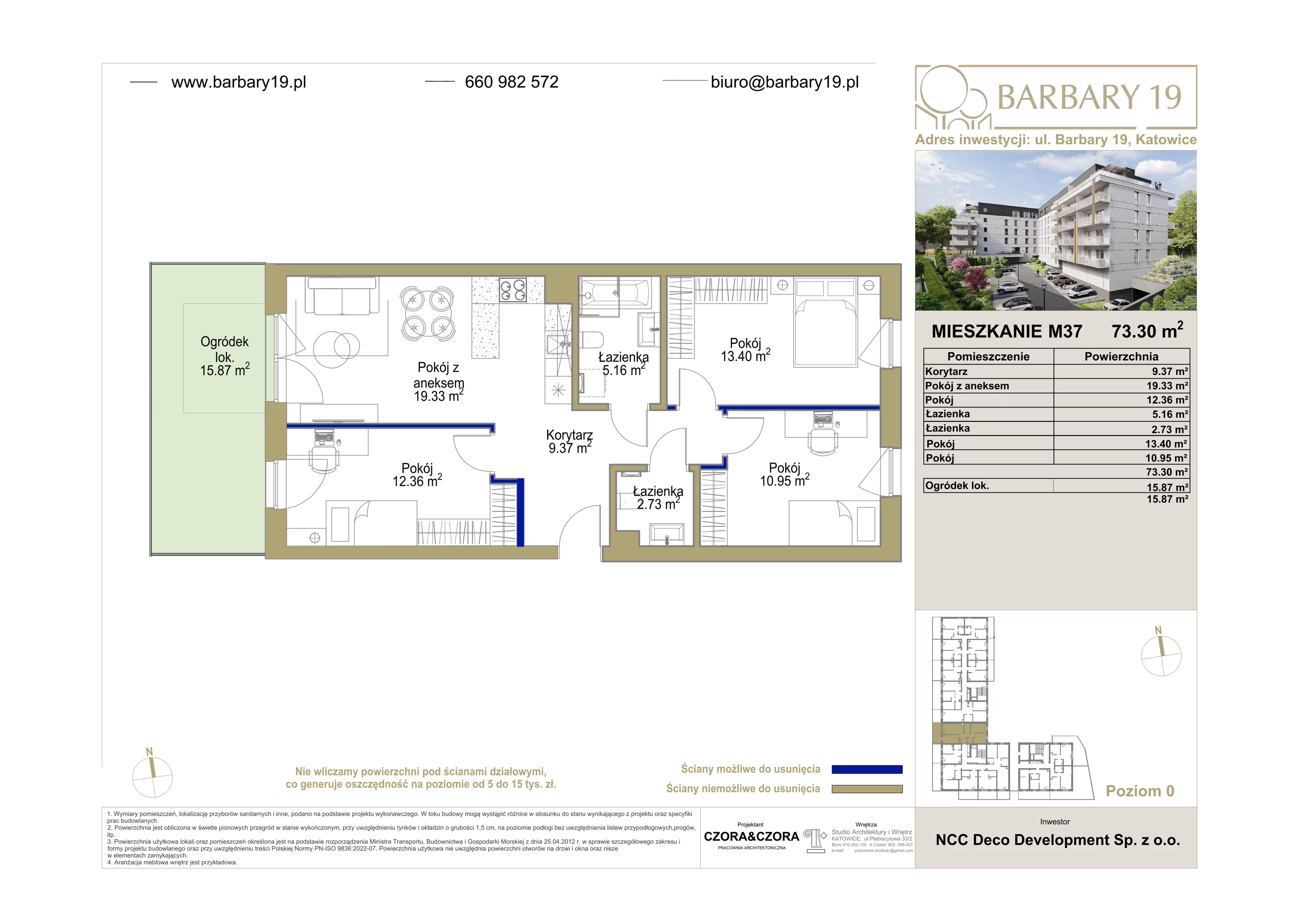 4 pokoje, mieszkanie 73,30 m², parter, oferta nr 37, Apartamenty Barbary 19, Katowice, Śródmieście, ul. Barbary 19