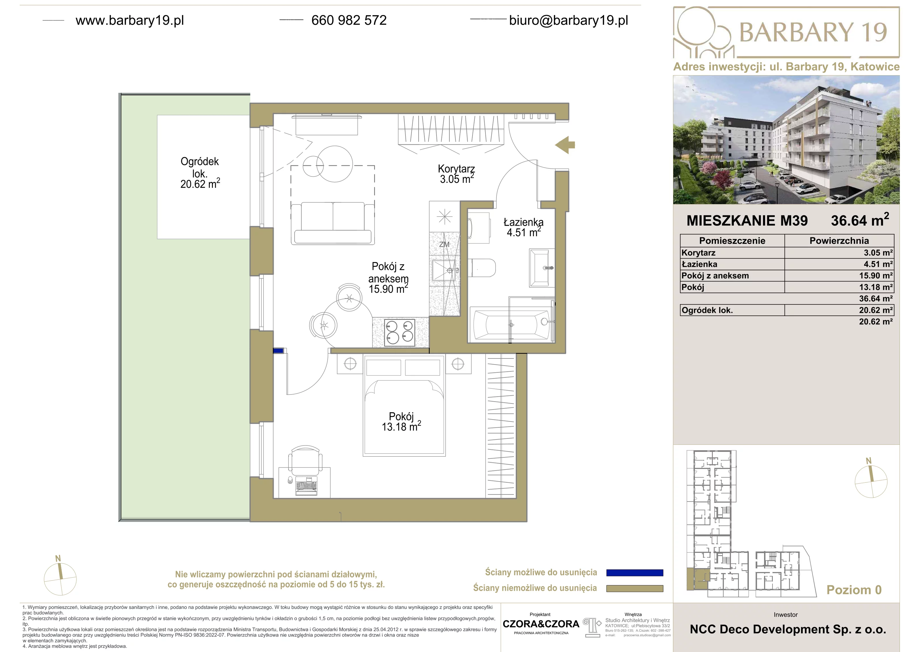 2 pokoje, mieszkanie 36,64 m², parter, oferta nr 39, Apartamenty Barbary 19, Katowice, Śródmieście, ul. Barbary 19