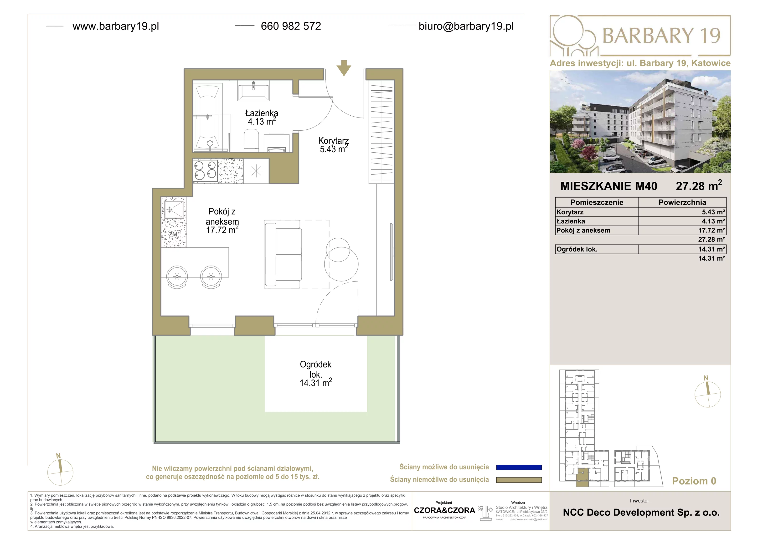 1 pokój, mieszkanie 27,28 m², parter, oferta nr 40, Apartamenty Barbary 19, Katowice, Śródmieście, ul. Barbary 19