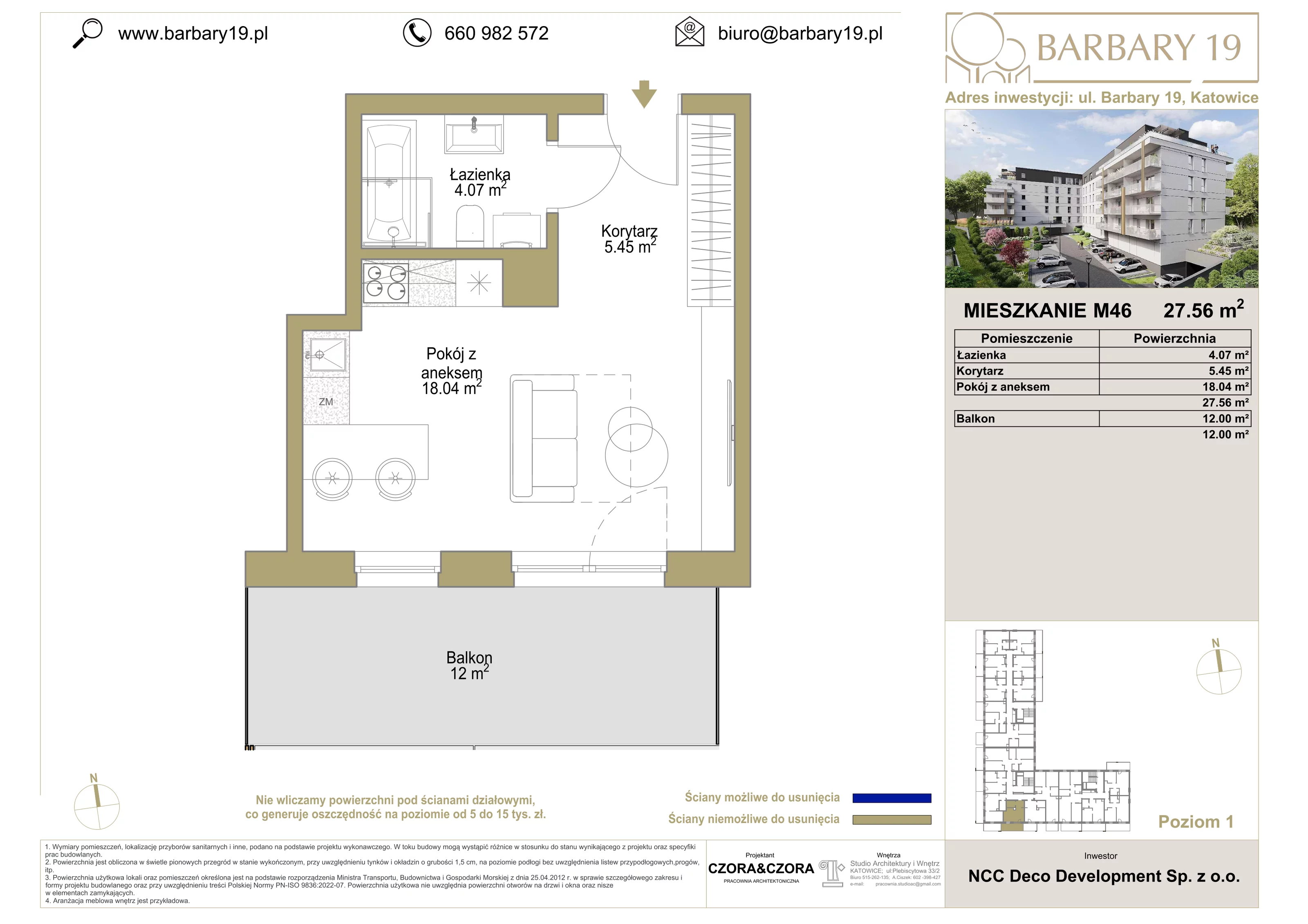 1 pokój, apartament 27,56 m², piętro 1, oferta nr 46, Apartamenty Barbary 19, Katowice, Śródmieście, ul. Barbary 19