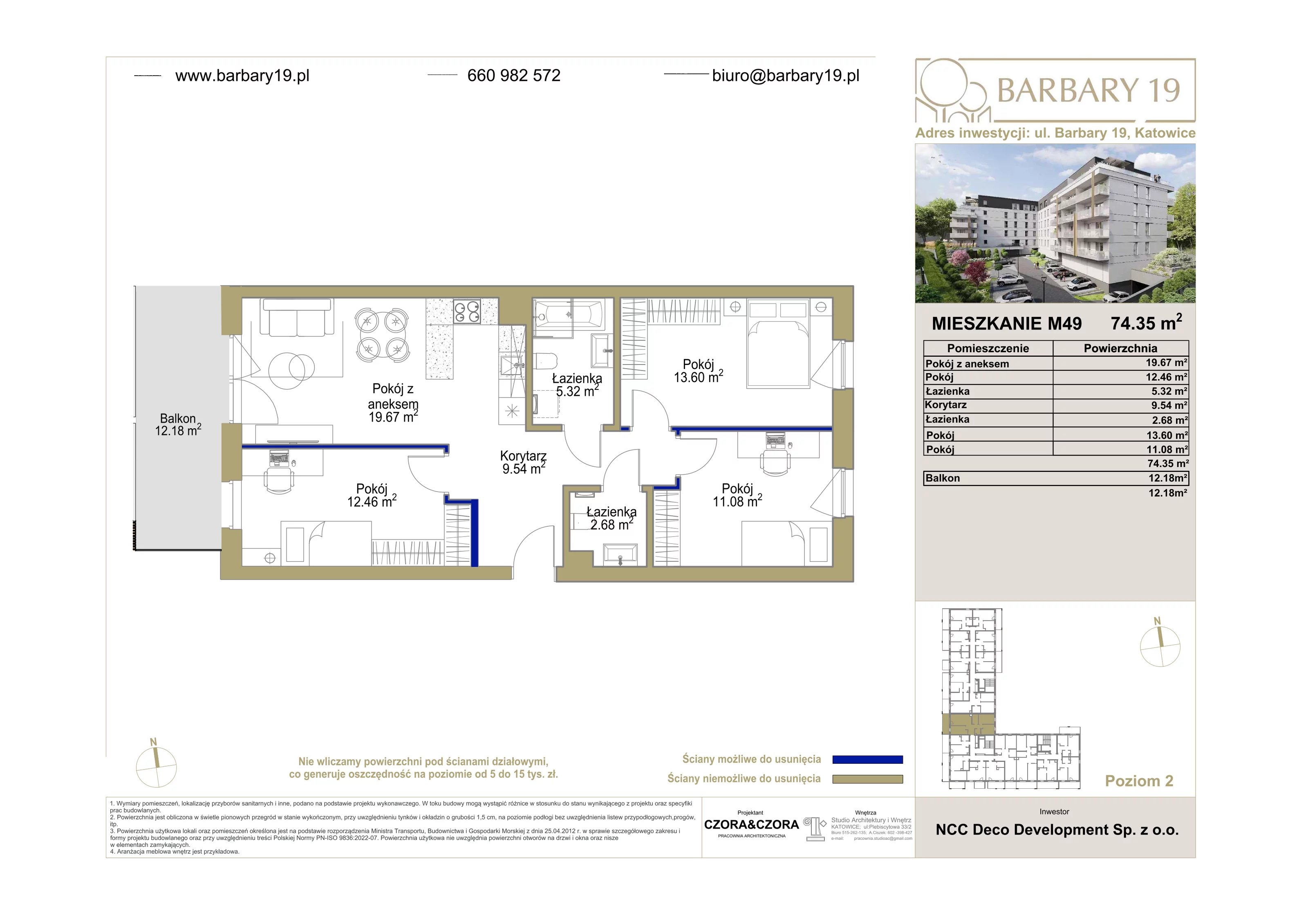 4 pokoje, mieszkanie 74,35 m², piętro 2, oferta nr 49, Apartamenty Barbary 19, Katowice, Śródmieście, ul. Barbary 19
