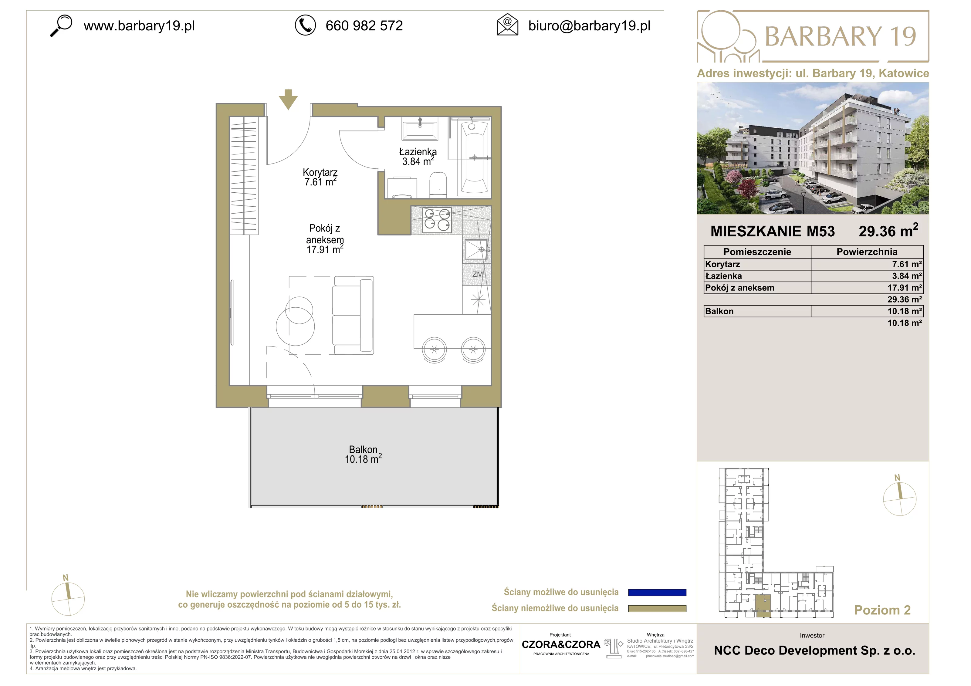 1 pokój, apartament 29,36 m², piętro 2, oferta nr 53, Apartamenty Barbary 19, Katowice, Śródmieście, ul. Barbary 19