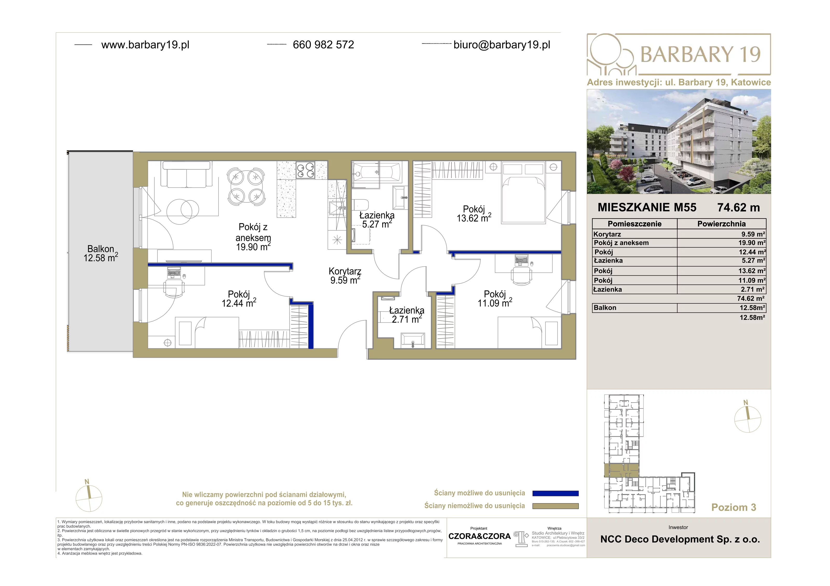 4 pokoje, mieszkanie 74,62 m², piętro 3, oferta nr 55, Apartamenty Barbary 19, Katowice, Śródmieście, ul. Barbary 19