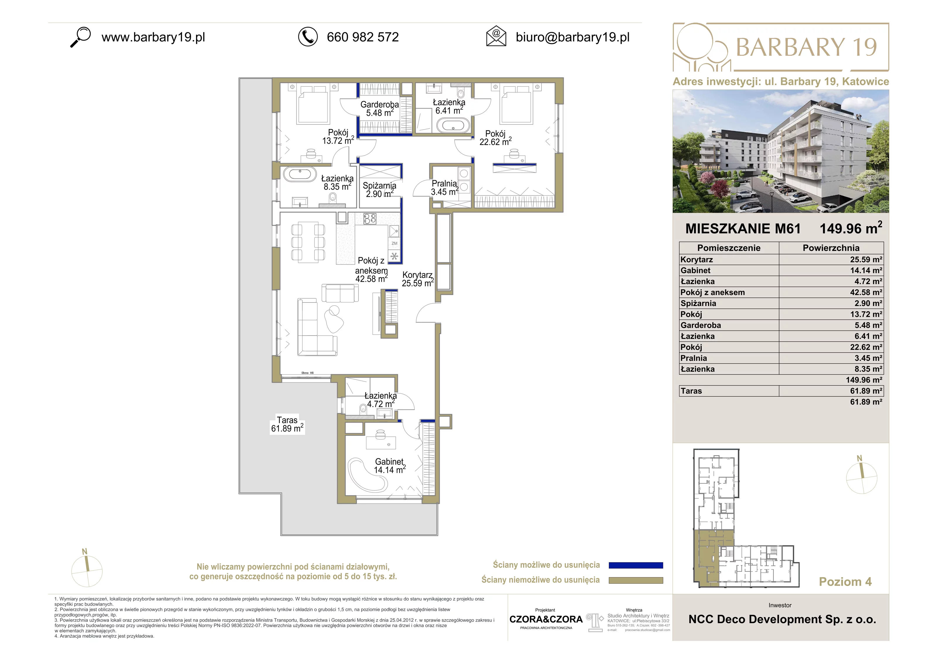 4 pokoje, apartament 149,96 m², piętro 4, oferta nr 61, Apartamenty Barbary 19, Katowice, Śródmieście, ul. Barbary 19