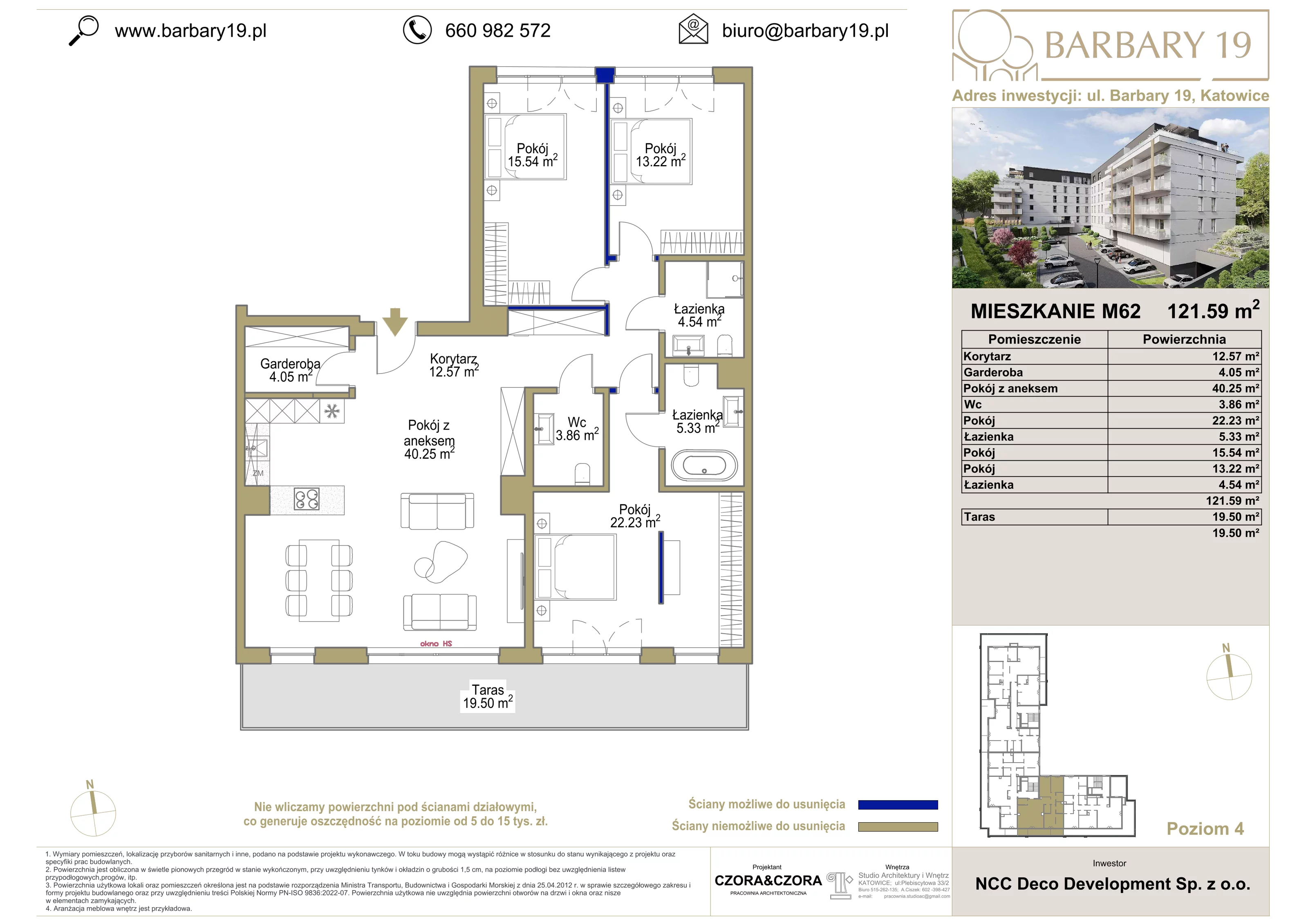 4 pokoje, apartament 121,59 m², piętro 4, oferta nr 62, Apartamenty Barbary 19, Katowice, Śródmieście, ul. Barbary 19