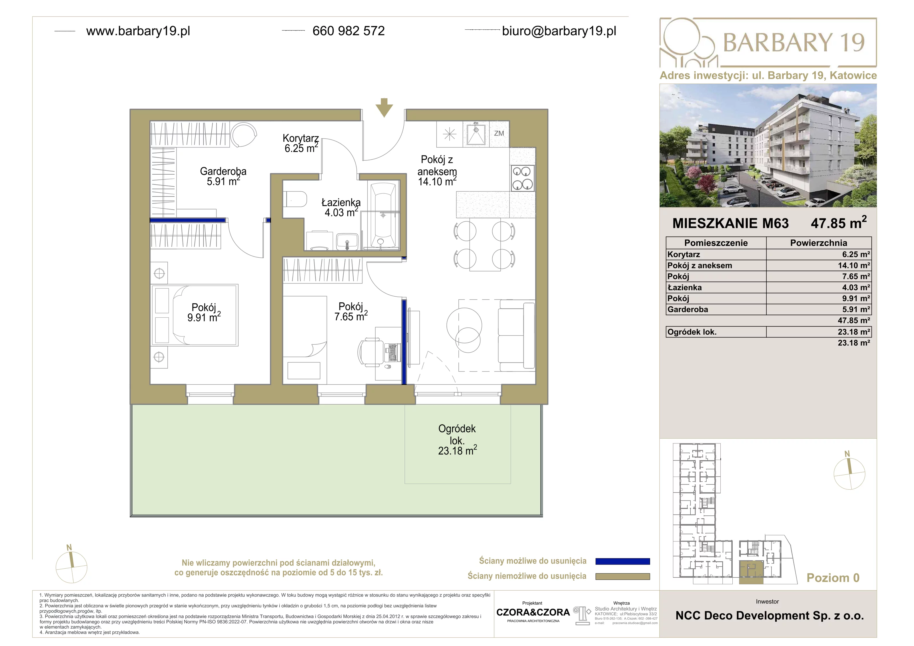 3 pokoje, apartament 47,85 m², parter, oferta nr 63, Apartamenty Barbary 19, Katowice, Śródmieście, ul. Barbary 19