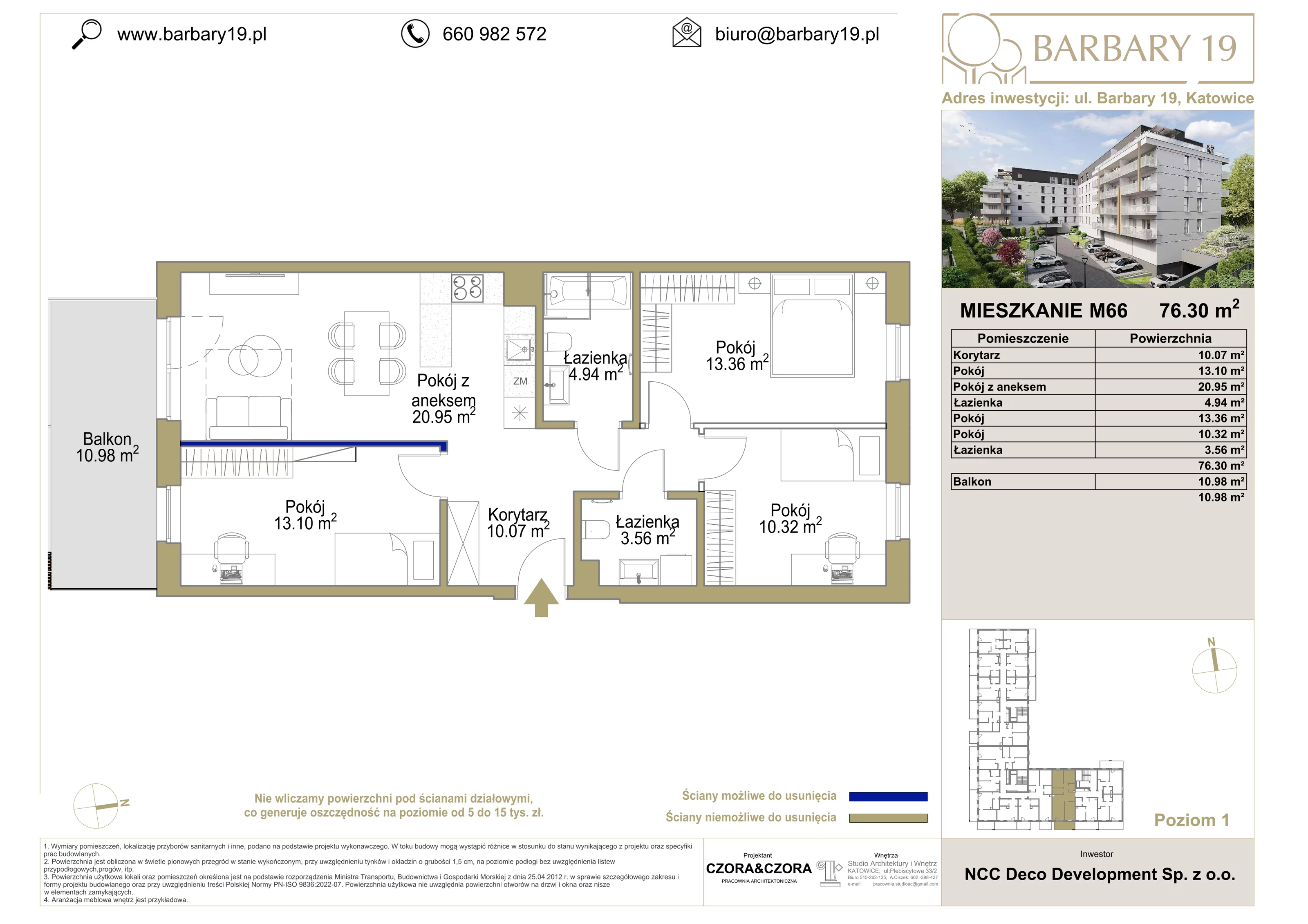4 pokoje, apartament 76,30 m², piętro 1, oferta nr 66, Apartamenty Barbary 19, Katowice, Śródmieście, ul. Barbary 19