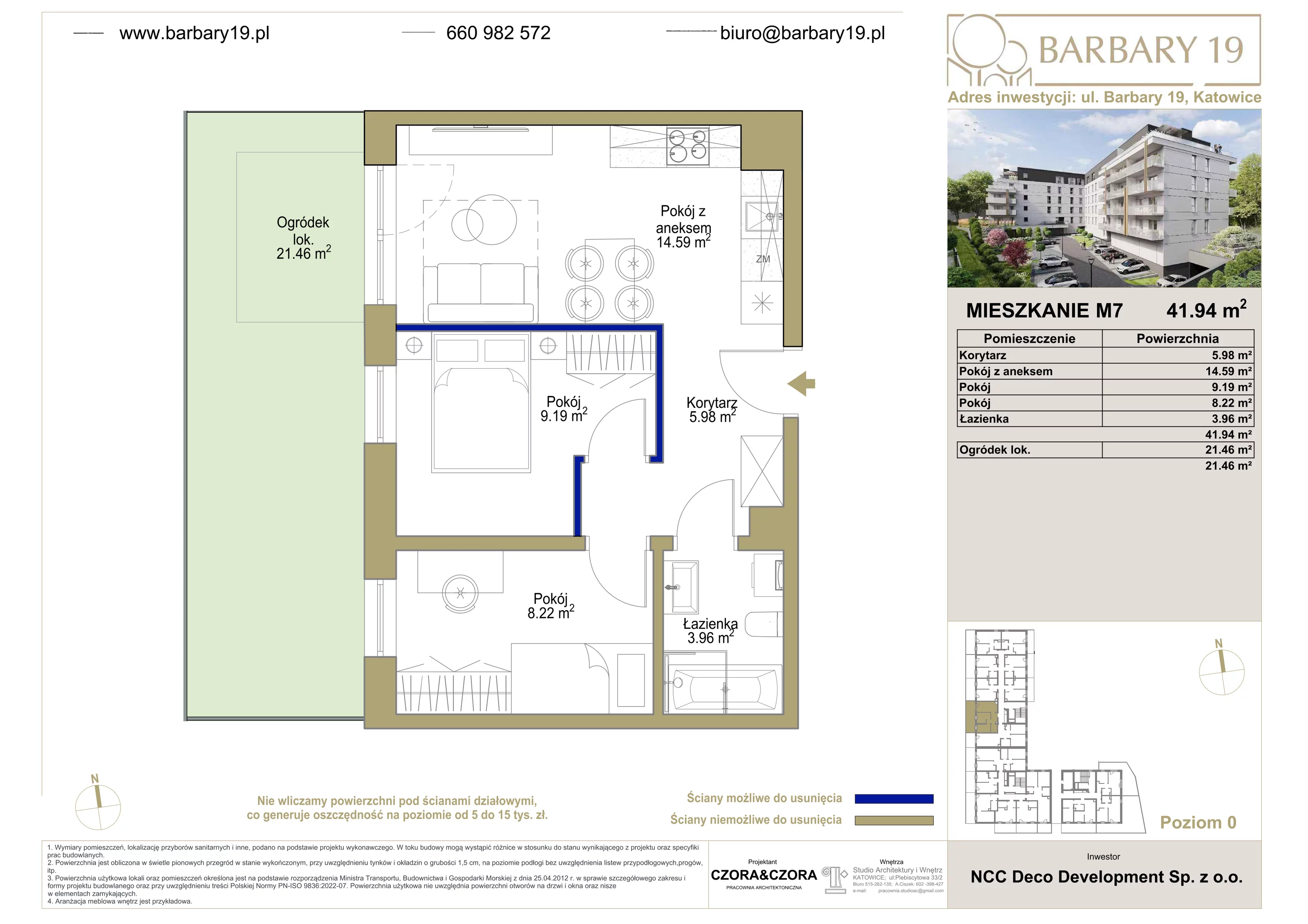 3 pokoje, mieszkanie 41,94 m², parter, oferta nr 7, Apartamenty Barbary 19, Katowice, Śródmieście, ul. Barbary 19