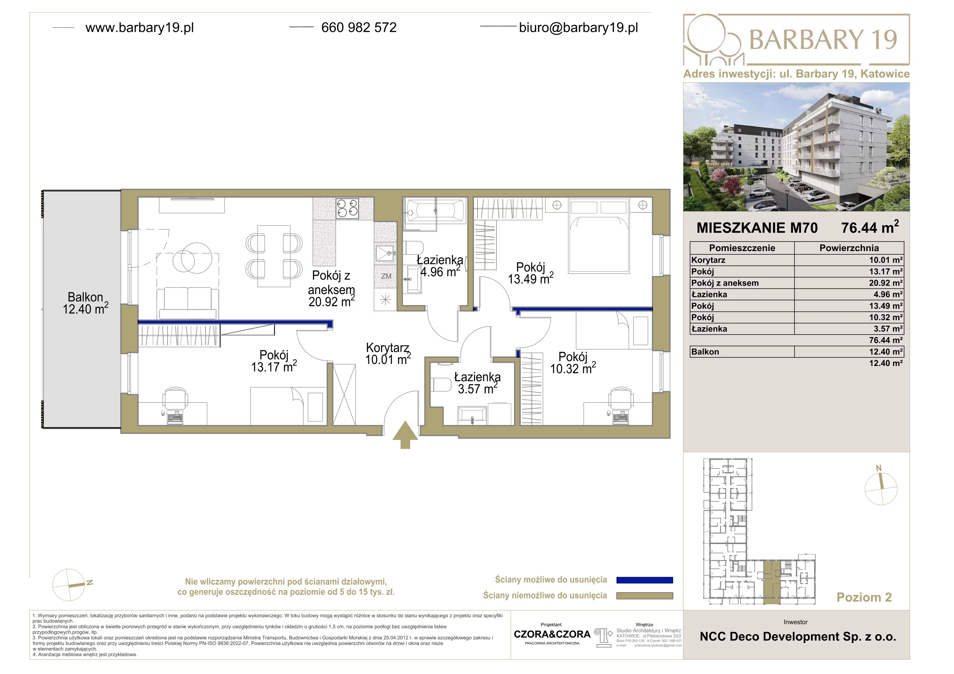 4 pokoje, apartament 76,44 m², piętro 2, oferta nr 70, Apartamenty Barbary 19, Katowice, Śródmieście, ul. Barbary 19
