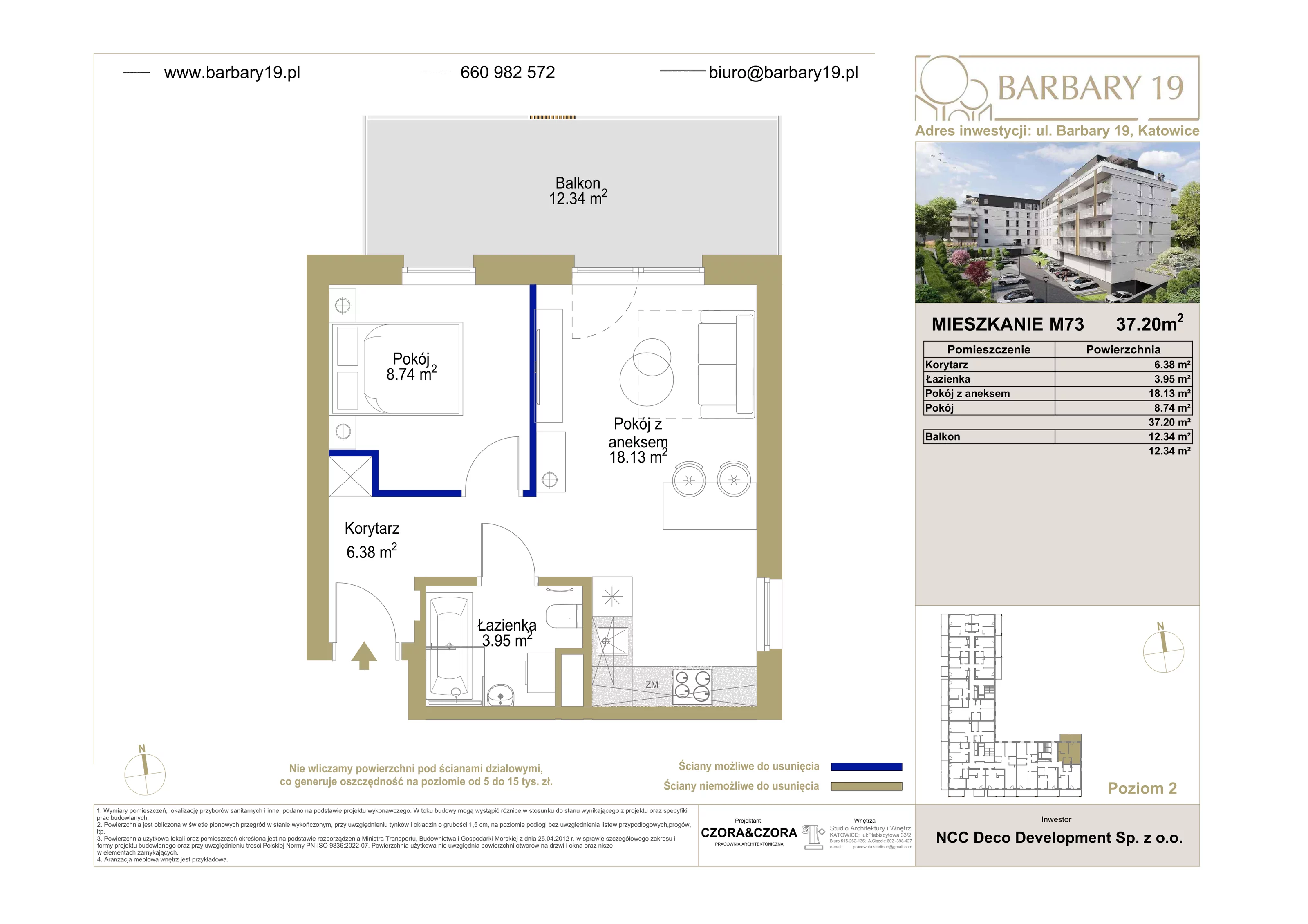 2 pokoje, mieszkanie 37,20 m², piętro 2, oferta nr 73, Apartamenty Barbary 19, Katowice, Śródmieście, ul. Barbary 19