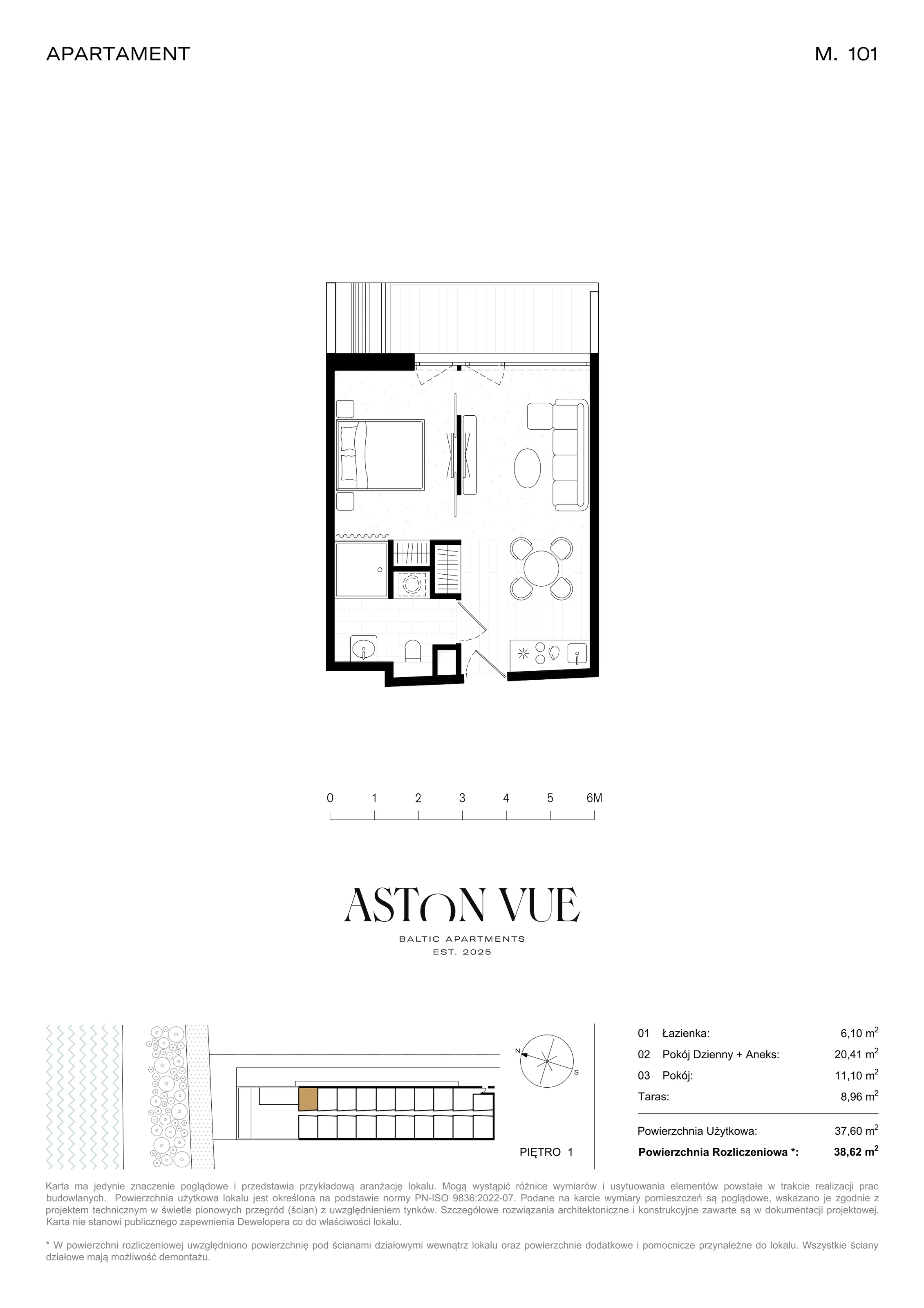 2 pokoje, apartament 38,62 m², piętro 1, oferta nr 101, Aston Vue, Sianożęty, ul. Plażowa 12/Ustronie Morskie