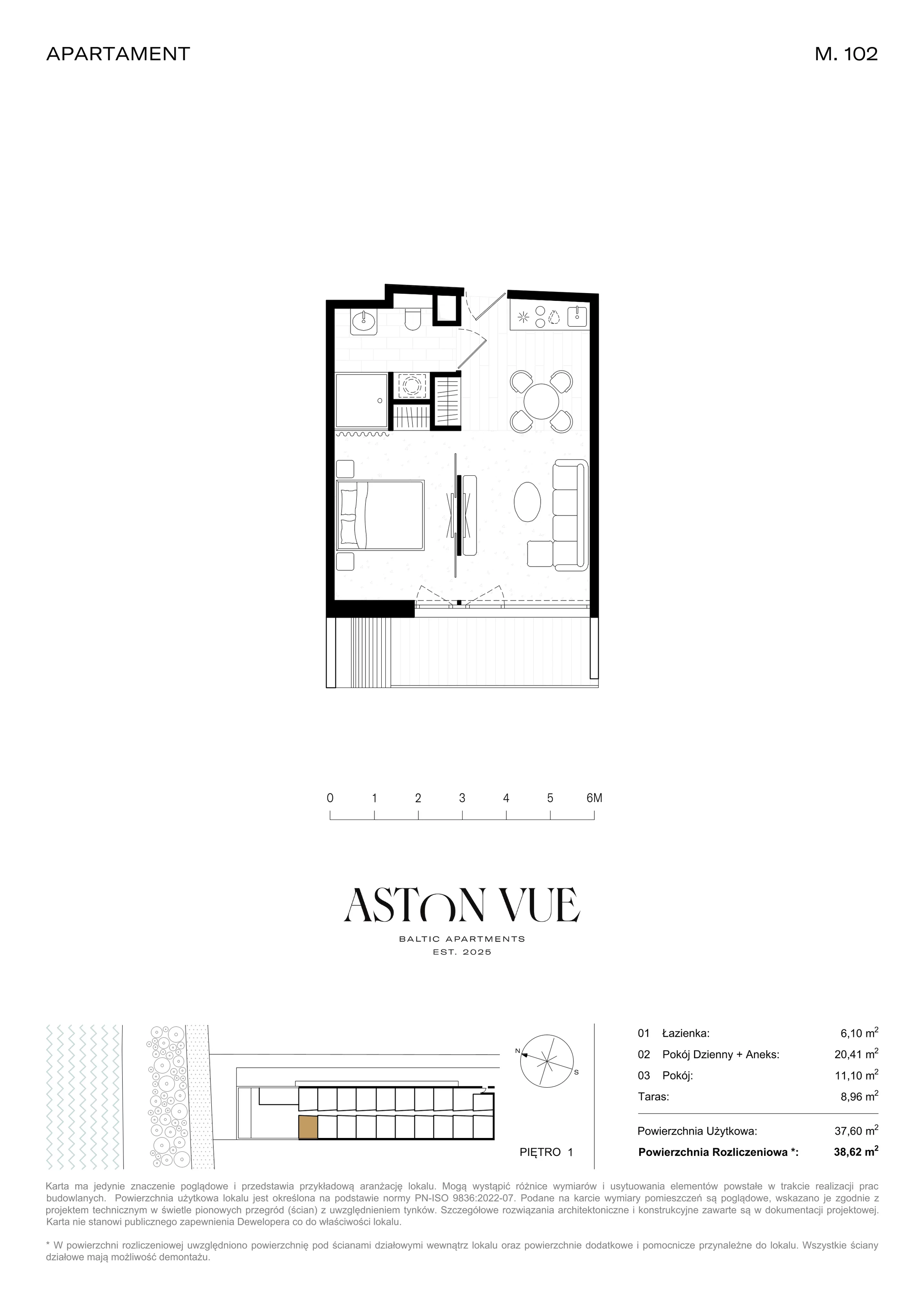 2 pokoje, apartament 38,62 m², piętro 1, oferta nr 102, Aston Vue, Sianożęty, ul. Plażowa 12/Ustronie Morskie