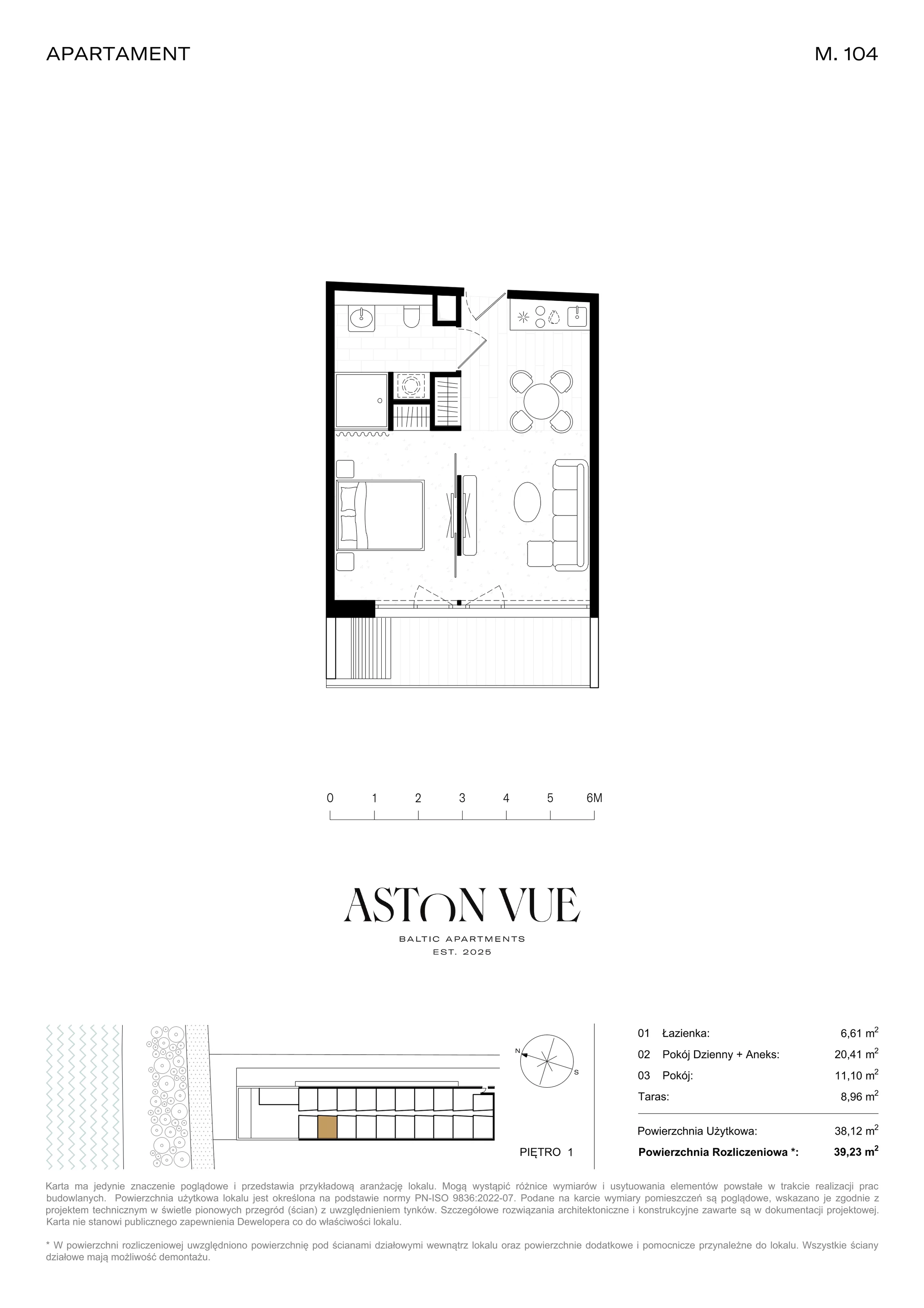 2 pokoje, apartament 39,23 m², piętro 1, oferta nr 104, Aston Vue, Sianożęty, ul. Plażowa 12/Ustronie Morskie