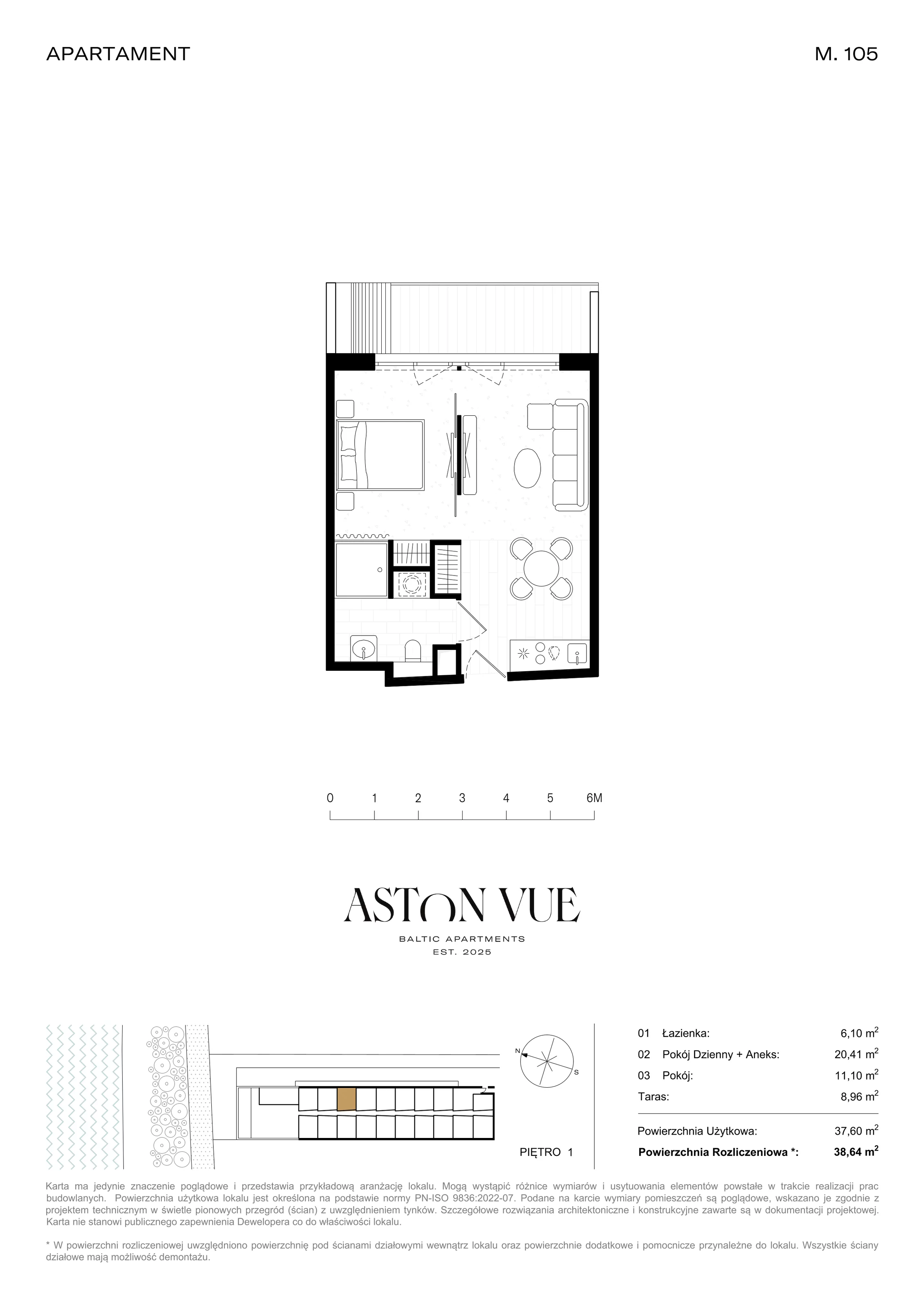 2 pokoje, apartament 38,64 m², piętro 1, oferta nr 105, Aston Vue, Sianożęty, ul. Plażowa 12/Ustronie Morskie