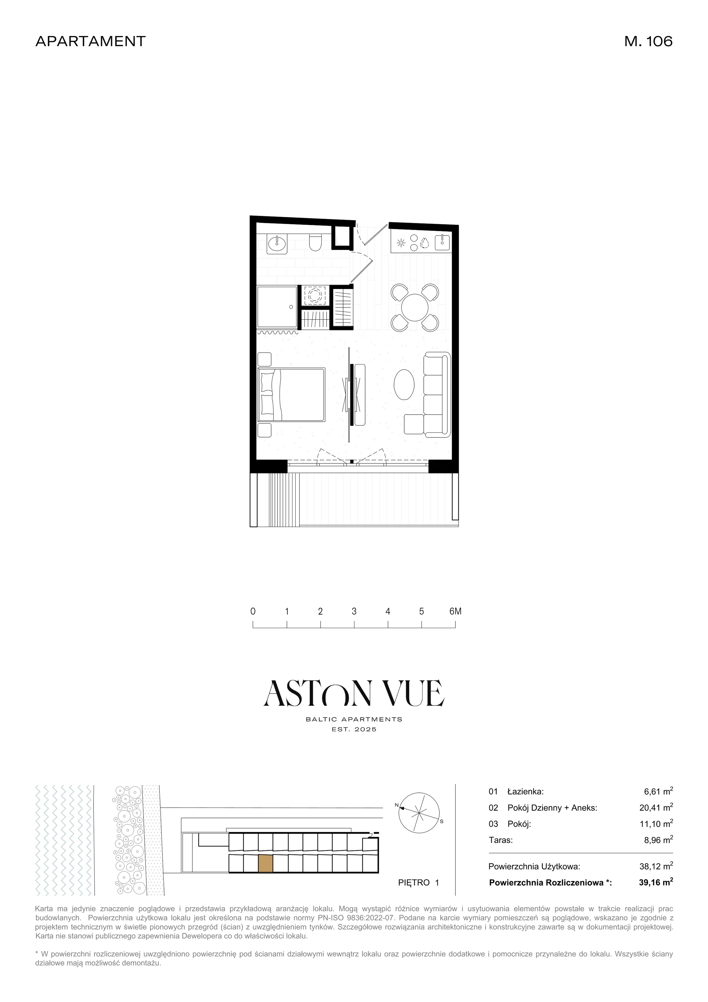 2 pokoje, apartament 39,16 m², piętro 1, oferta nr 106, Aston Vue, Sianożęty, ul. Plażowa 12/Ustronie Morskie