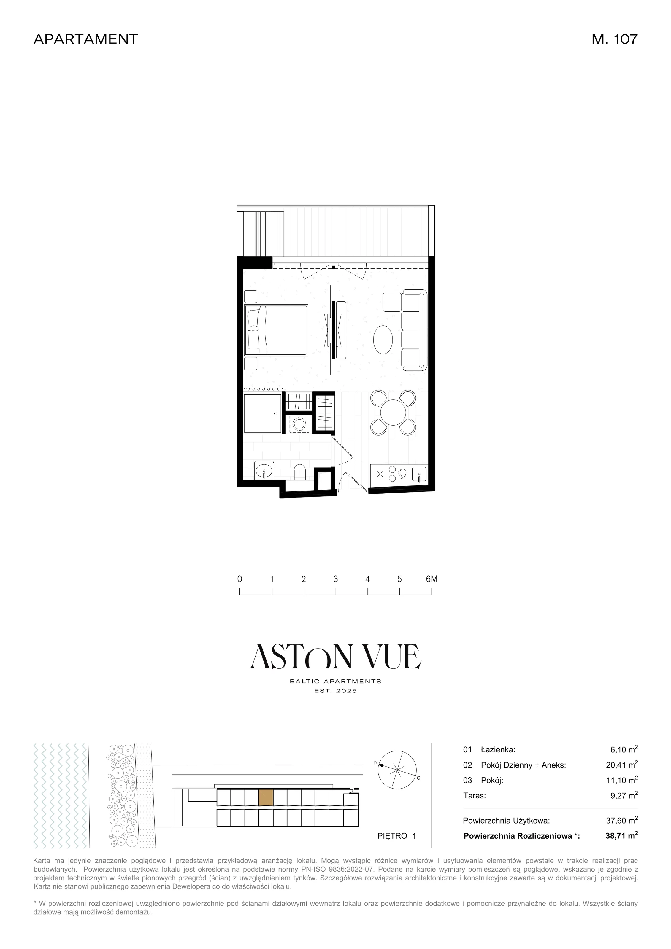 2 pokoje, apartament 38,71 m², piętro 1, oferta nr 107, Aston Vue, Sianożęty, ul. Plażowa 12/Ustronie Morskie