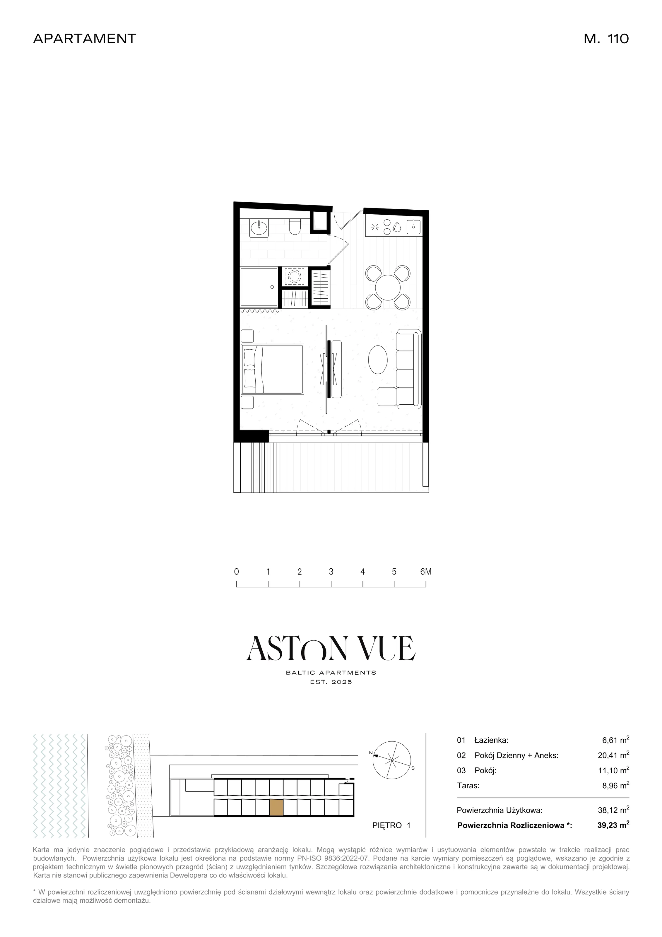 2 pokoje, apartament 39,23 m², piętro 1, oferta nr 110, Aston Vue, Sianożęty, ul. Plażowa 12/Ustronie Morskie