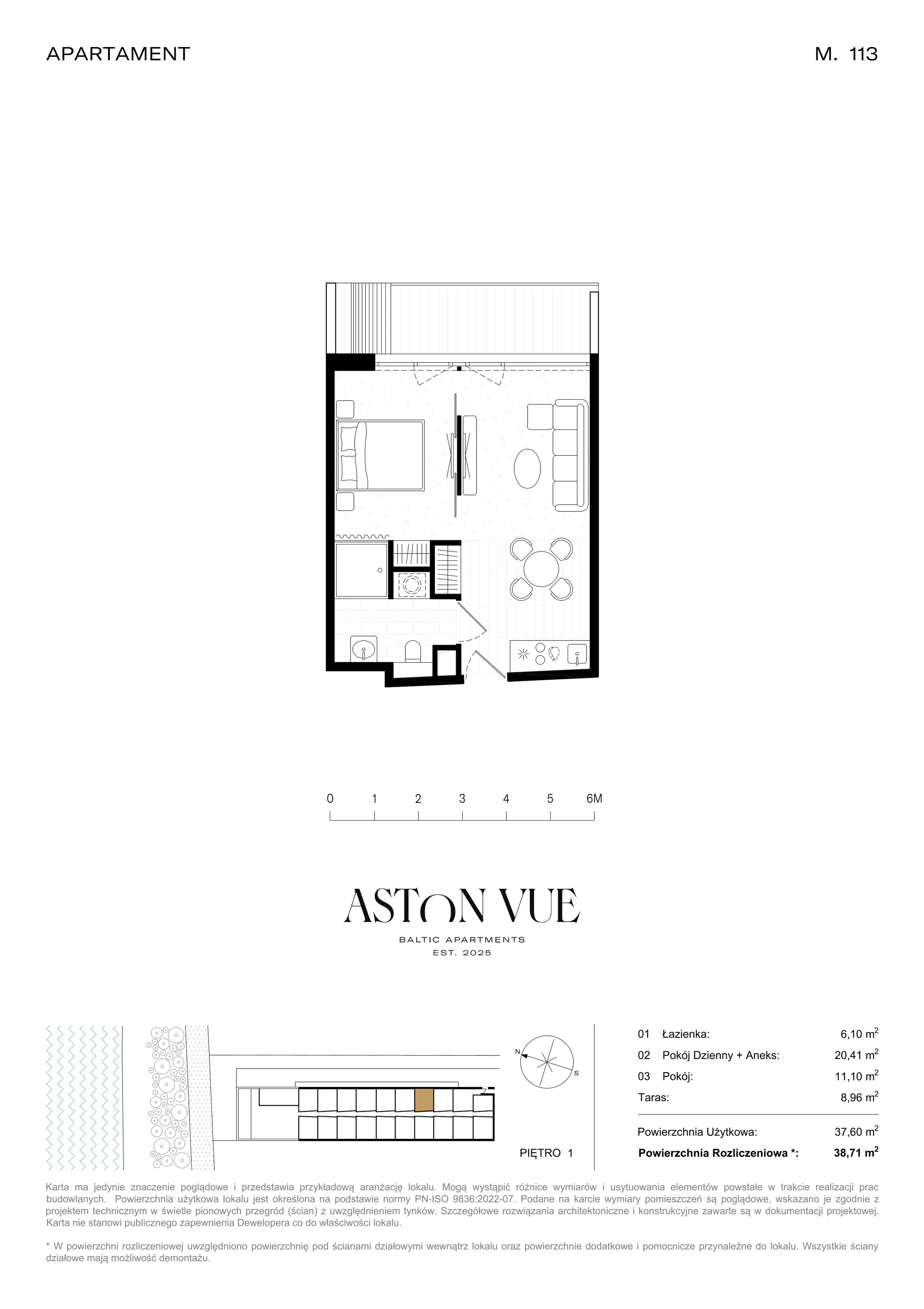2 pokoje, apartament 38,71 m², piętro 1, oferta nr 113, Aston Vue, Sianożęty, ul. Plażowa 12/Ustronie Morskie