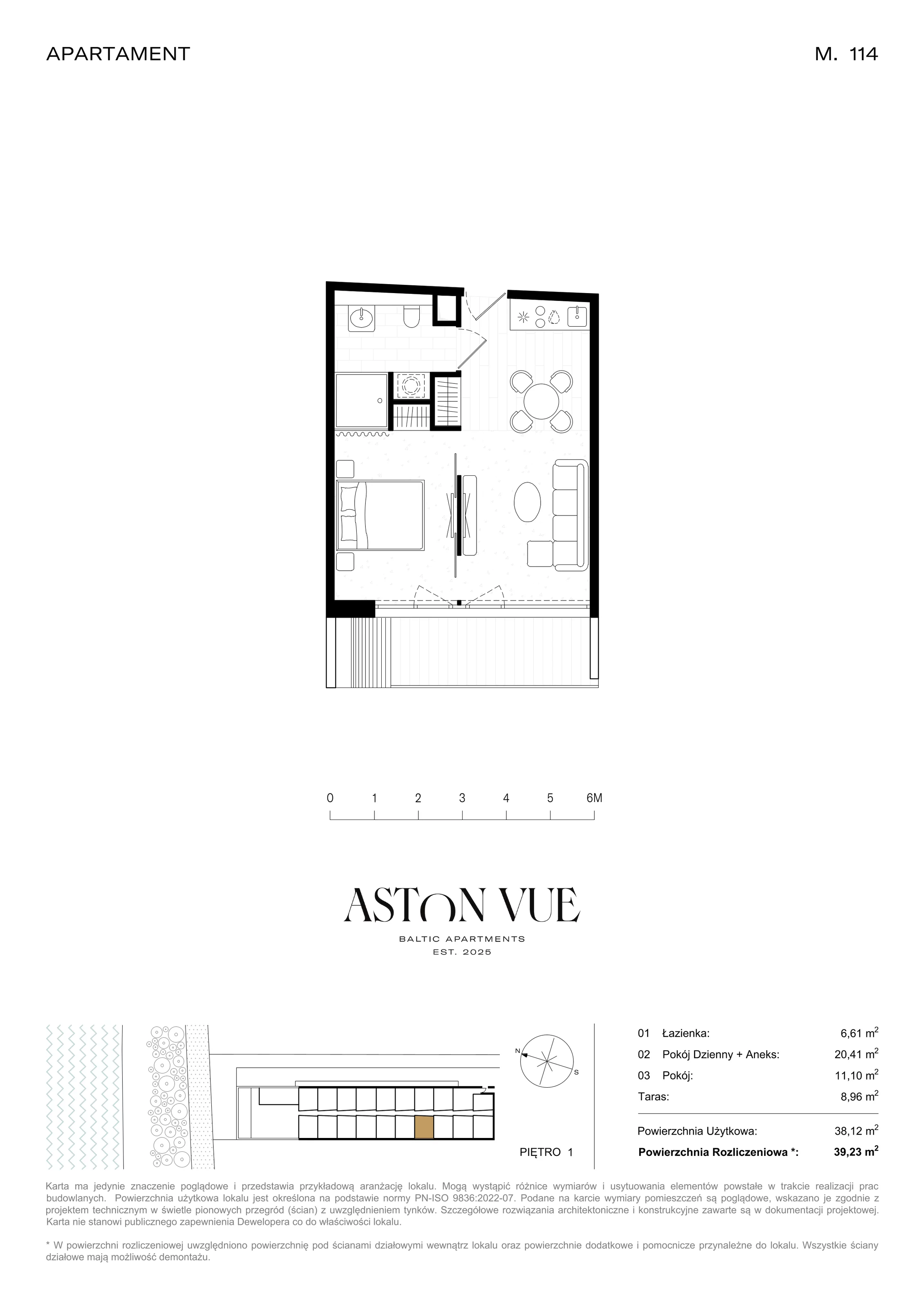 2 pokoje, apartament 39,23 m², piętro 1, oferta nr 114, Aston Vue, Sianożęty, ul. Plażowa 12/Ustronie Morskie