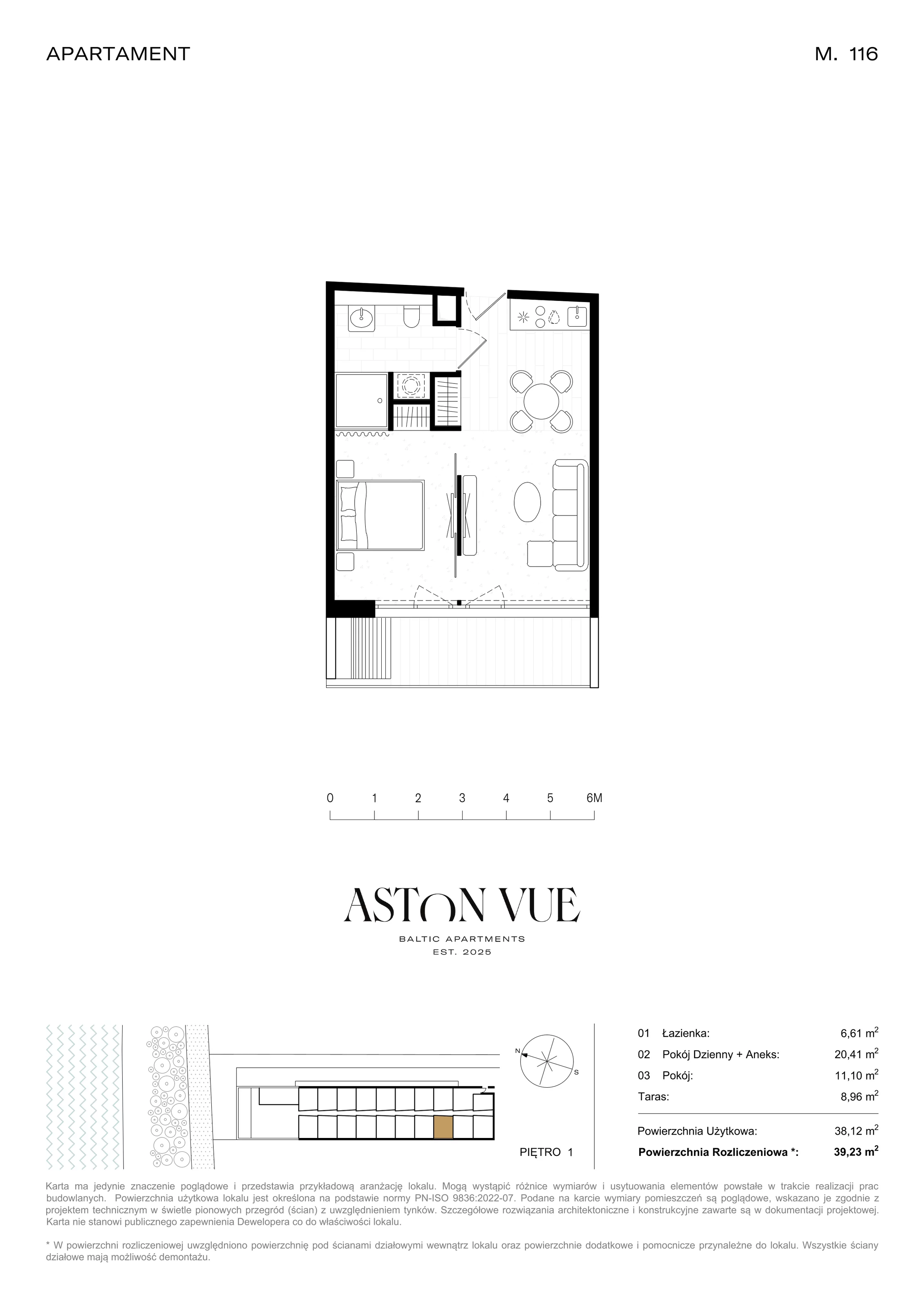 2 pokoje, apartament 39,23 m², piętro 1, oferta nr 116, Aston Vue, Sianożęty, ul. Plażowa 12/Ustronie Morskie