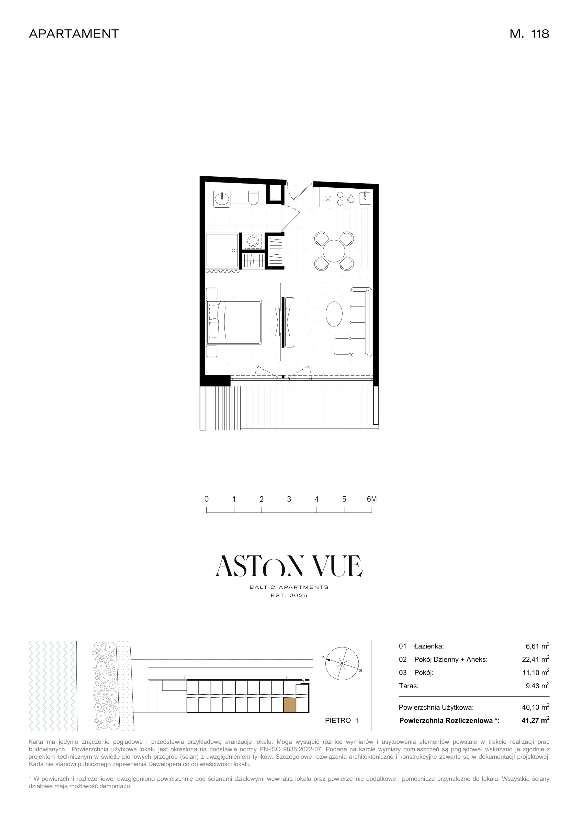 2 pokoje, apartament 41,27 m², piętro 1, oferta nr 118, Aston Vue, Sianożęty, ul. Plażowa 12/Ustronie Morskie