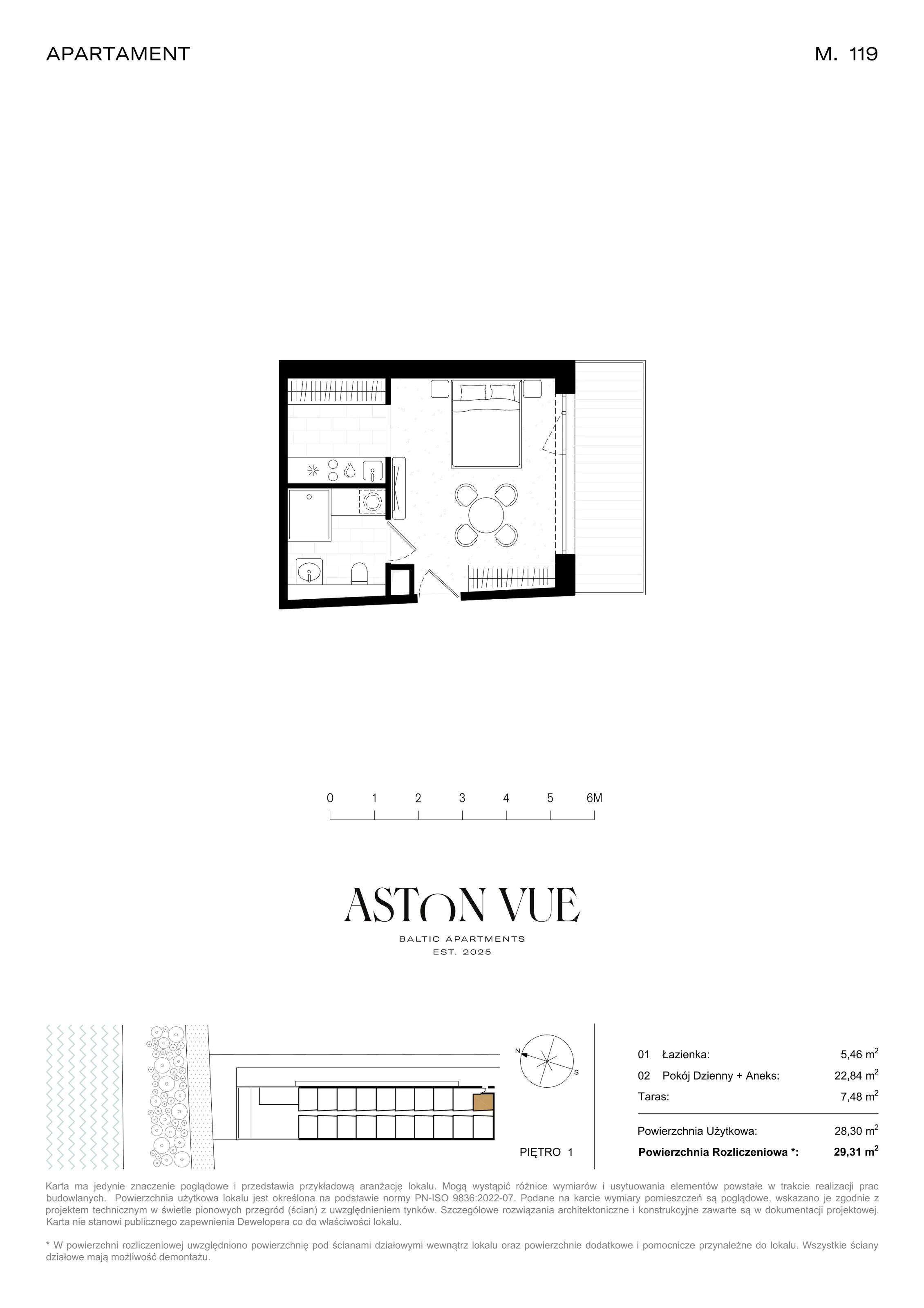 1 pokój, apartament 29,31 m², piętro 1, oferta nr 119, Aston Vue, Sianożęty, ul. Plażowa 12/Ustronie Morskie
