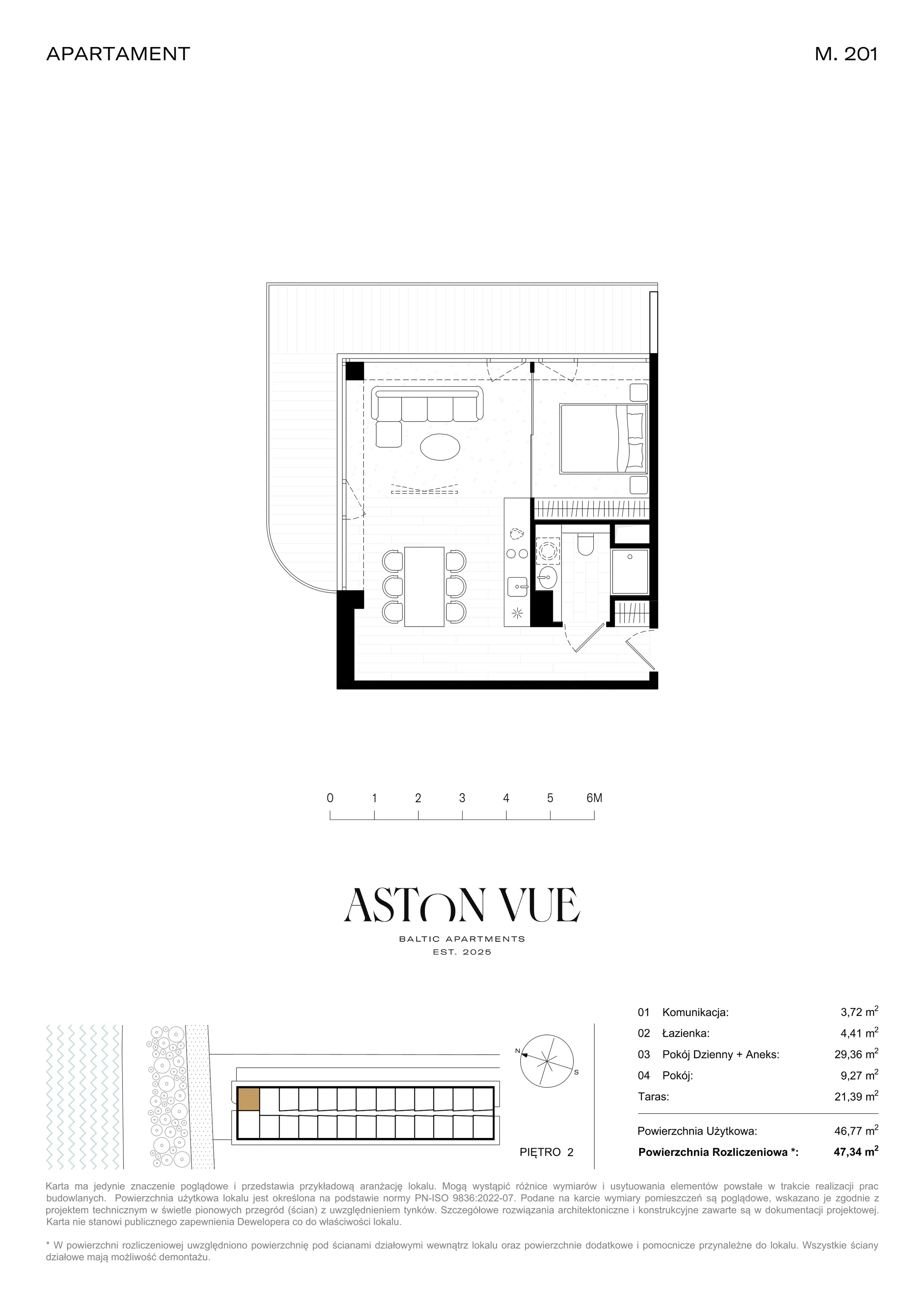 2 pokoje, apartament 47,34 m², piętro 2, oferta nr 201, Aston Vue, Sianożęty, ul. Plażowa 12/Ustronie Morskie