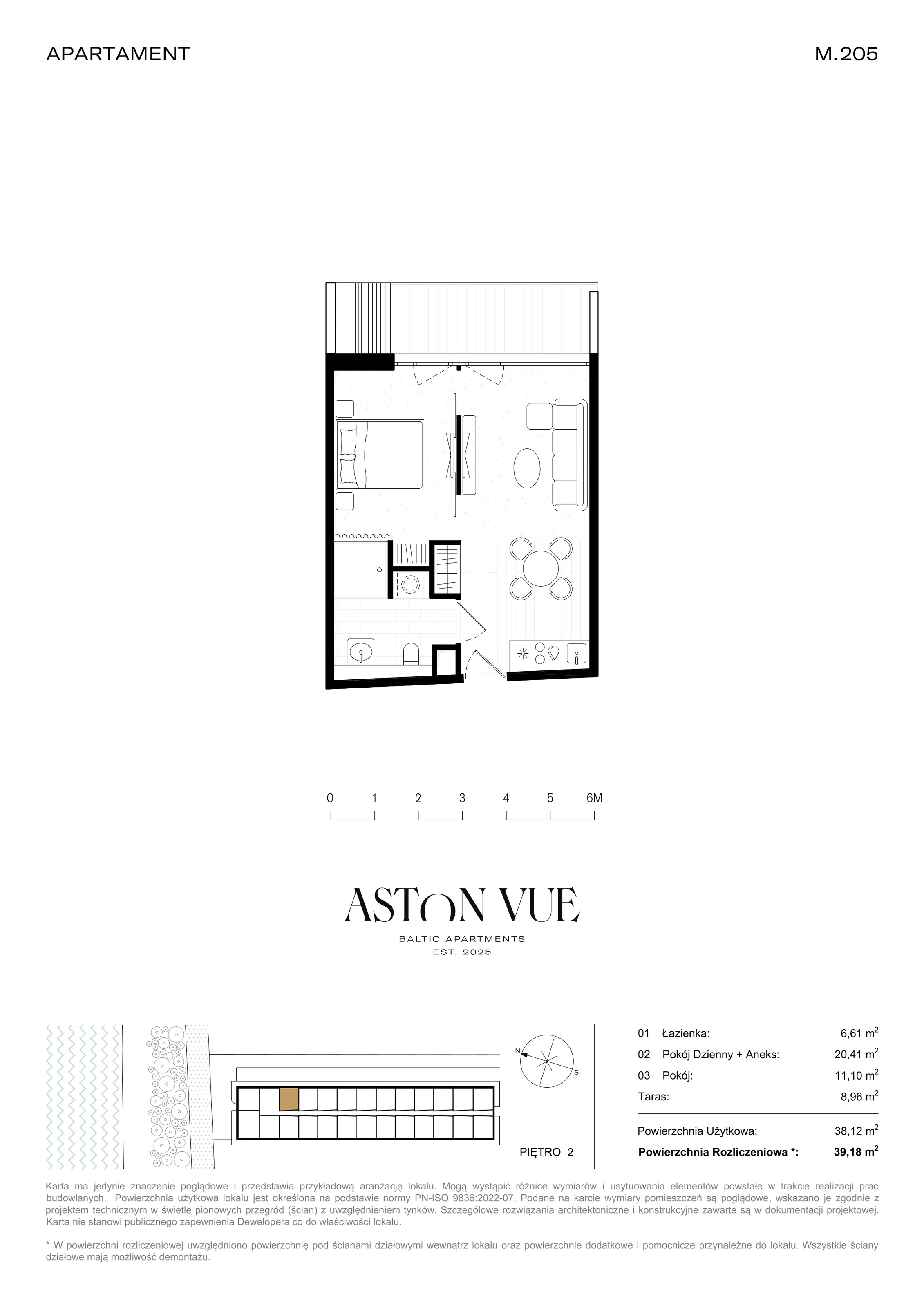 2 pokoje, apartament 39,18 m², piętro 2, oferta nr 205, Aston Vue, Sianożęty, ul. Plażowa 12/Ustronie Morskie
