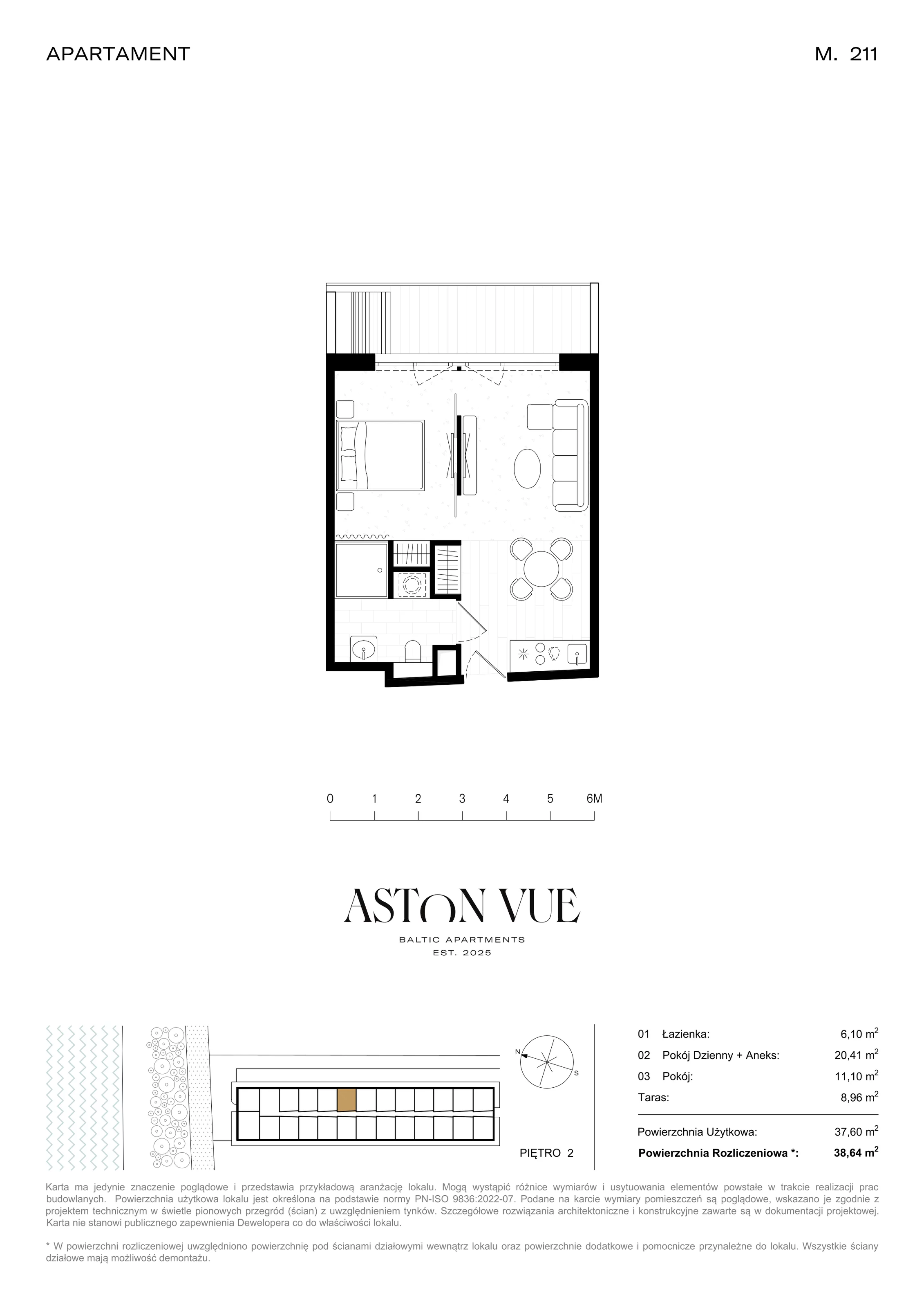2 pokoje, apartament 38,64 m², piętro 2, oferta nr 211, Aston Vue, Sianożęty, ul. Plażowa 12/Ustronie Morskie