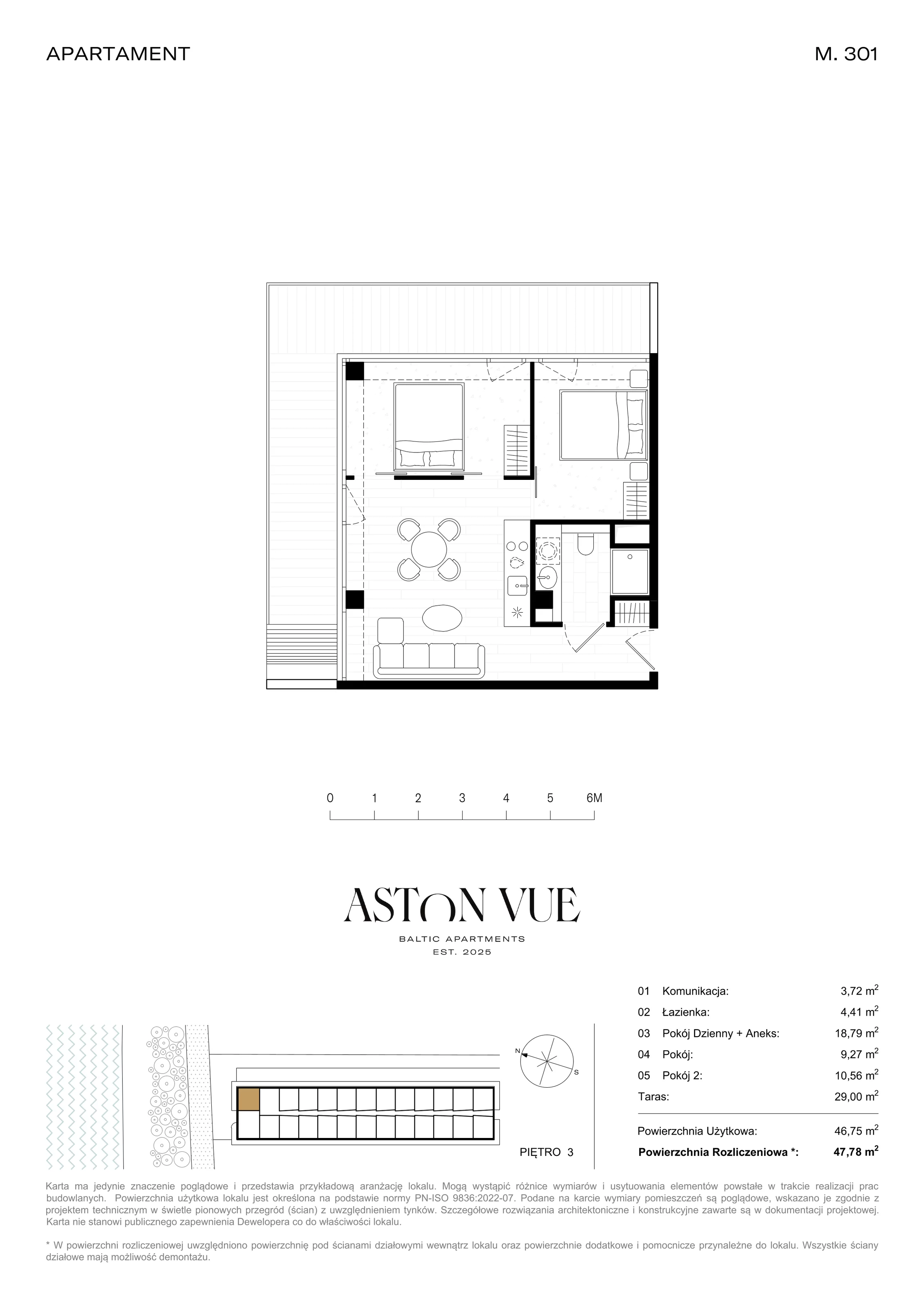 3 pokoje, apartament 47,78 m², piętro 3, oferta nr 301, Aston Vue, Sianożęty, ul. Plażowa 12/Ustronie Morskie