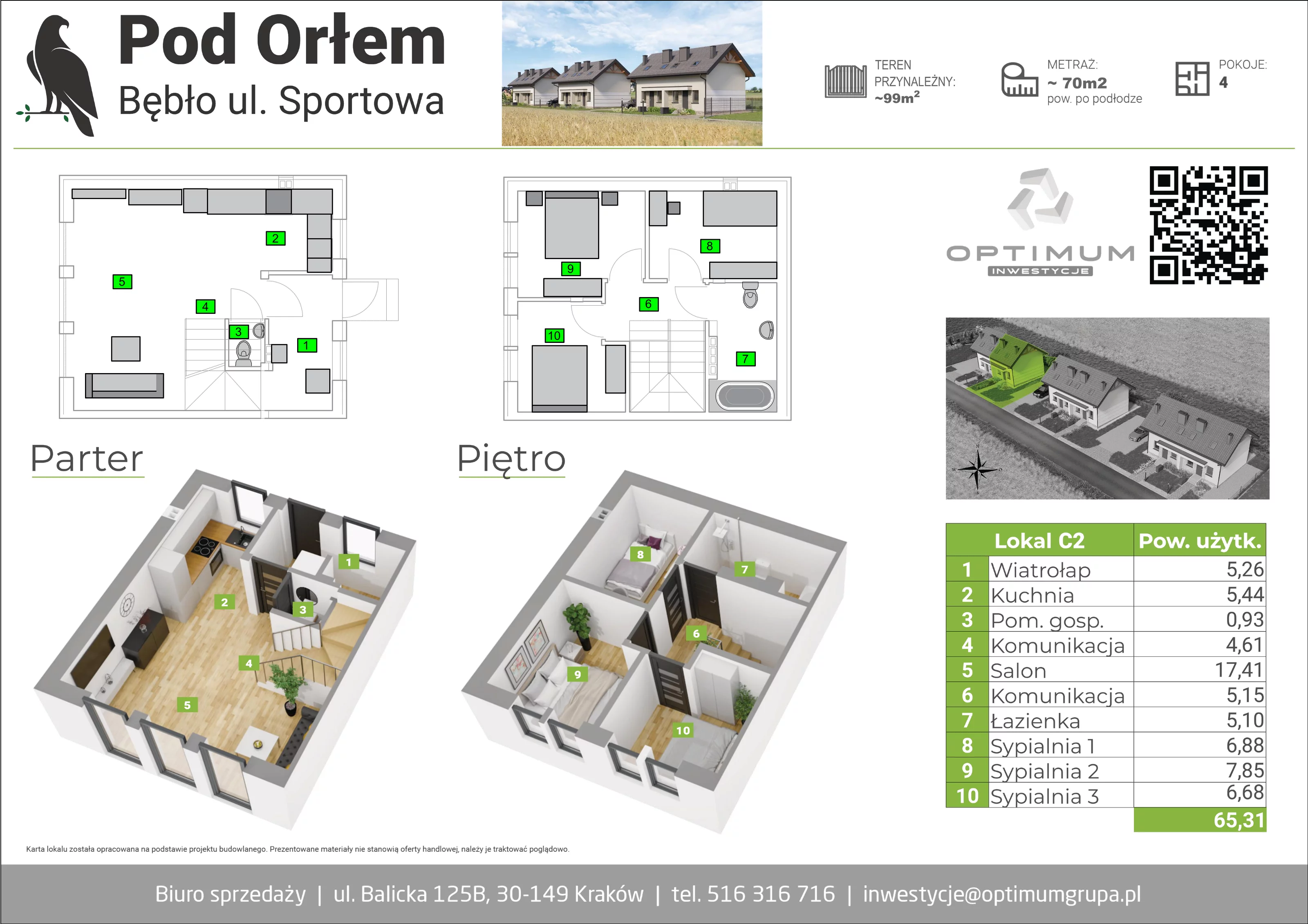 4 pokoje, mieszkanie 70,00 m², parter, oferta nr C2, Pod Orłem, Bębło, ul. Sportowa