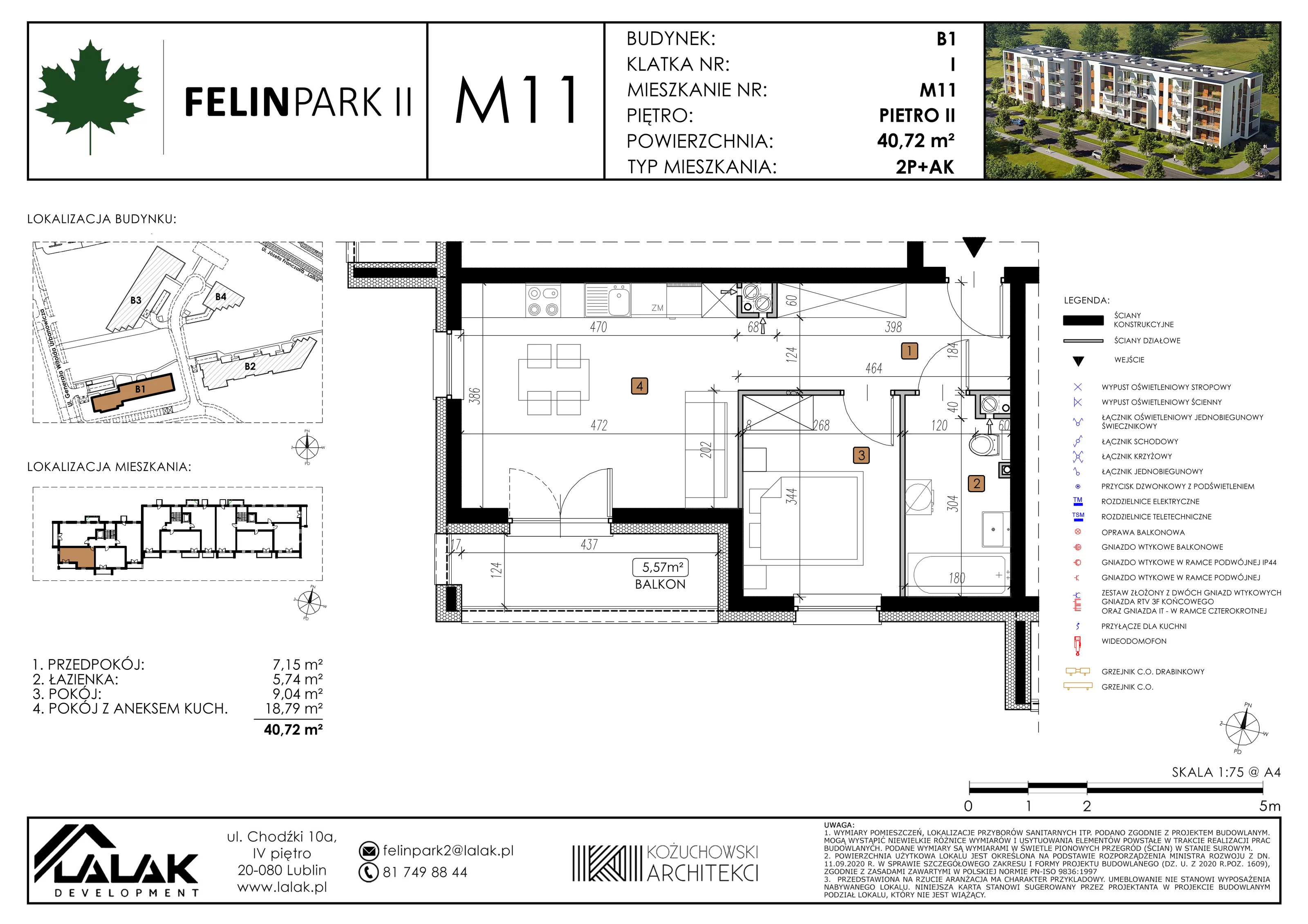 Mieszkanie 40,78 m², piętro 2, oferta nr B1_M11/I, Felin Park II, Lublin, Felin, ul. gen. Stanisława Skalskiego 8-10