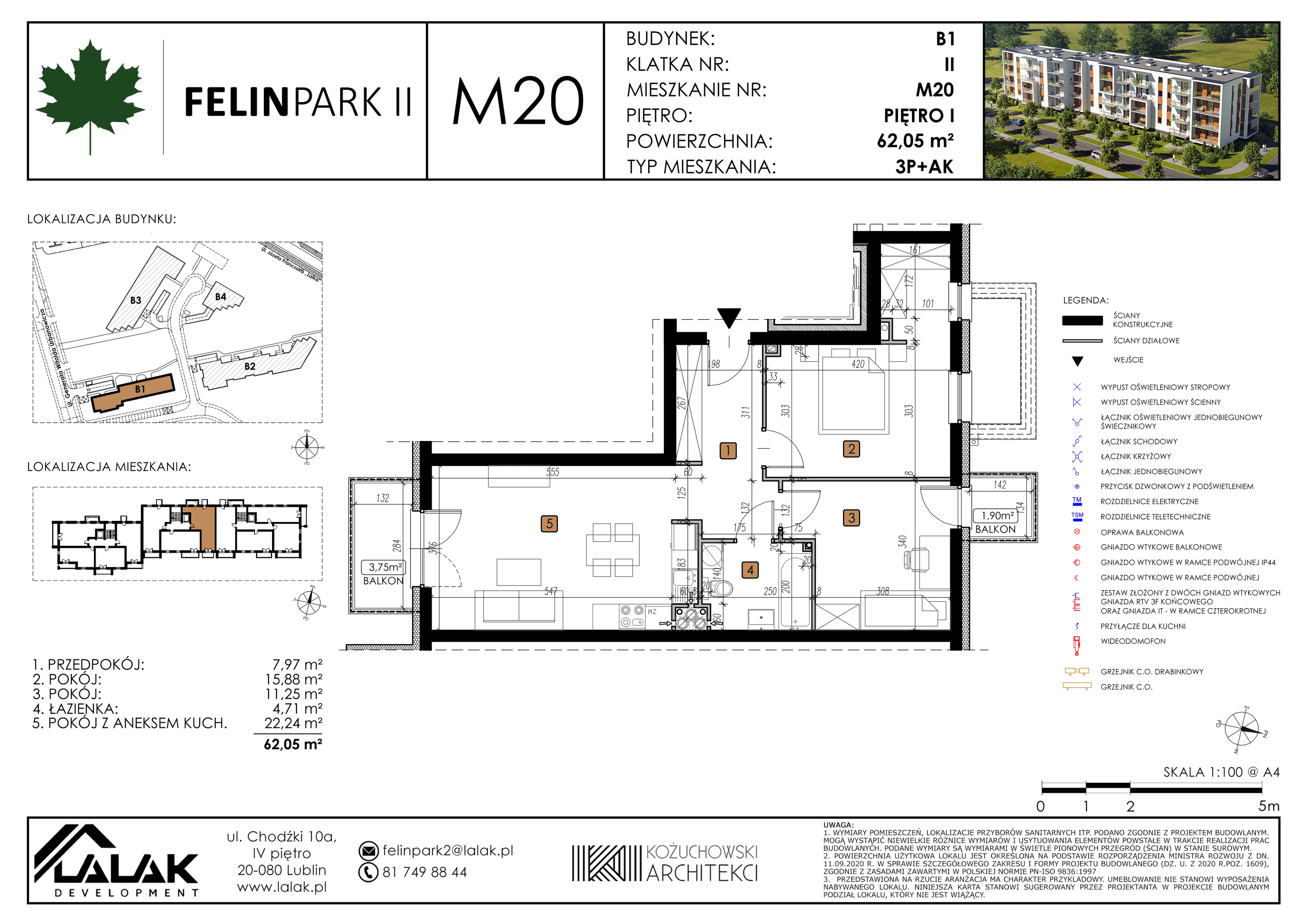 Mieszkanie 62,14 m², piętro 1, oferta nr B1_M20/I, Felin Park II, Lublin, Felin, ul. gen. Stanisława Skalskiego 8-10