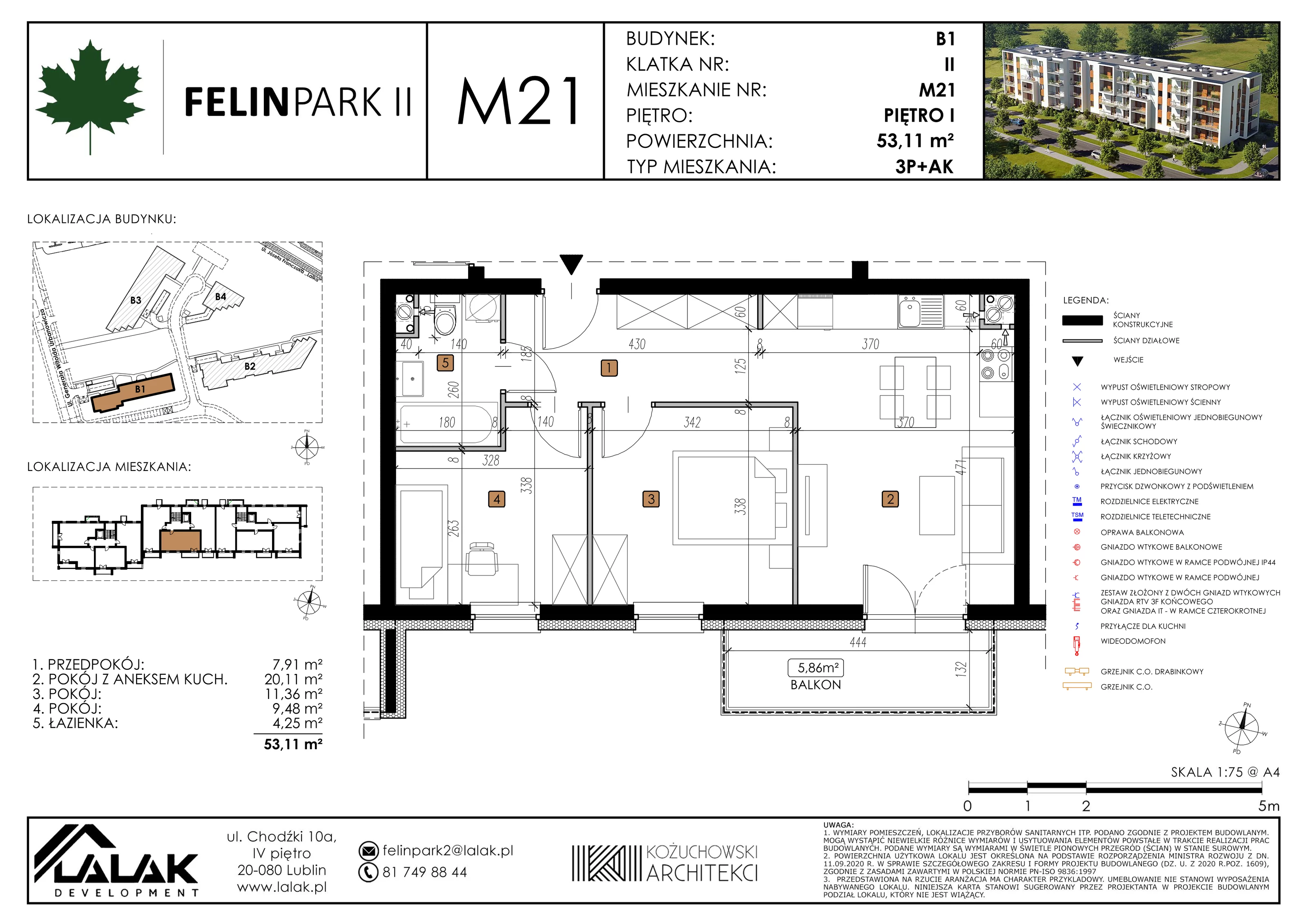 Mieszkanie 53,12 m², piętro 1, oferta nr B1_M21/I, Felin Park II, Lublin, Felin, ul. gen. Stanisława Skalskiego 8-10