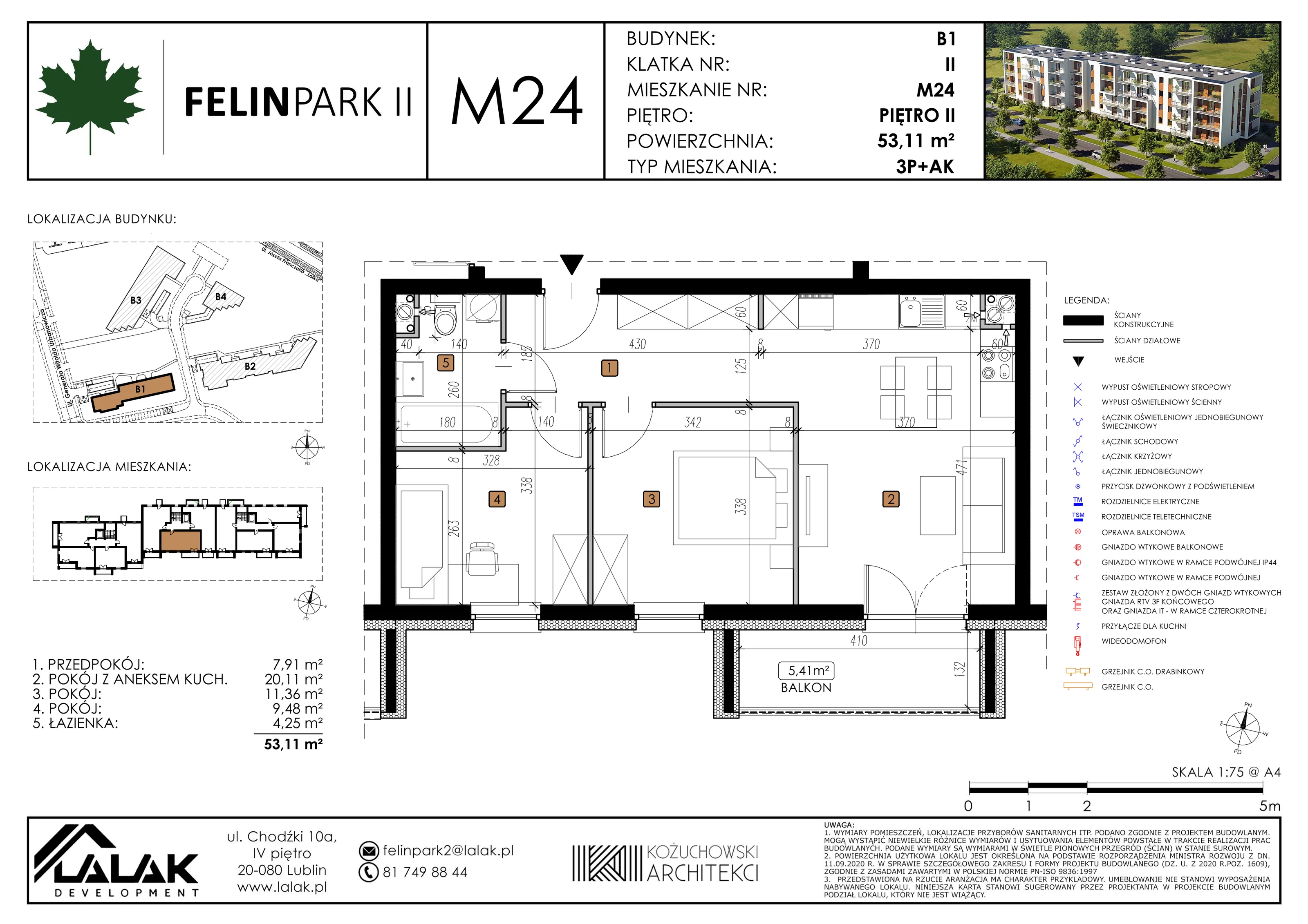 Mieszkanie 53,12 m², piętro 2, oferta nr B1_M24/I, Felin Park II, Lublin, Felin, ul. gen. Stanisława Skalskiego 8-10