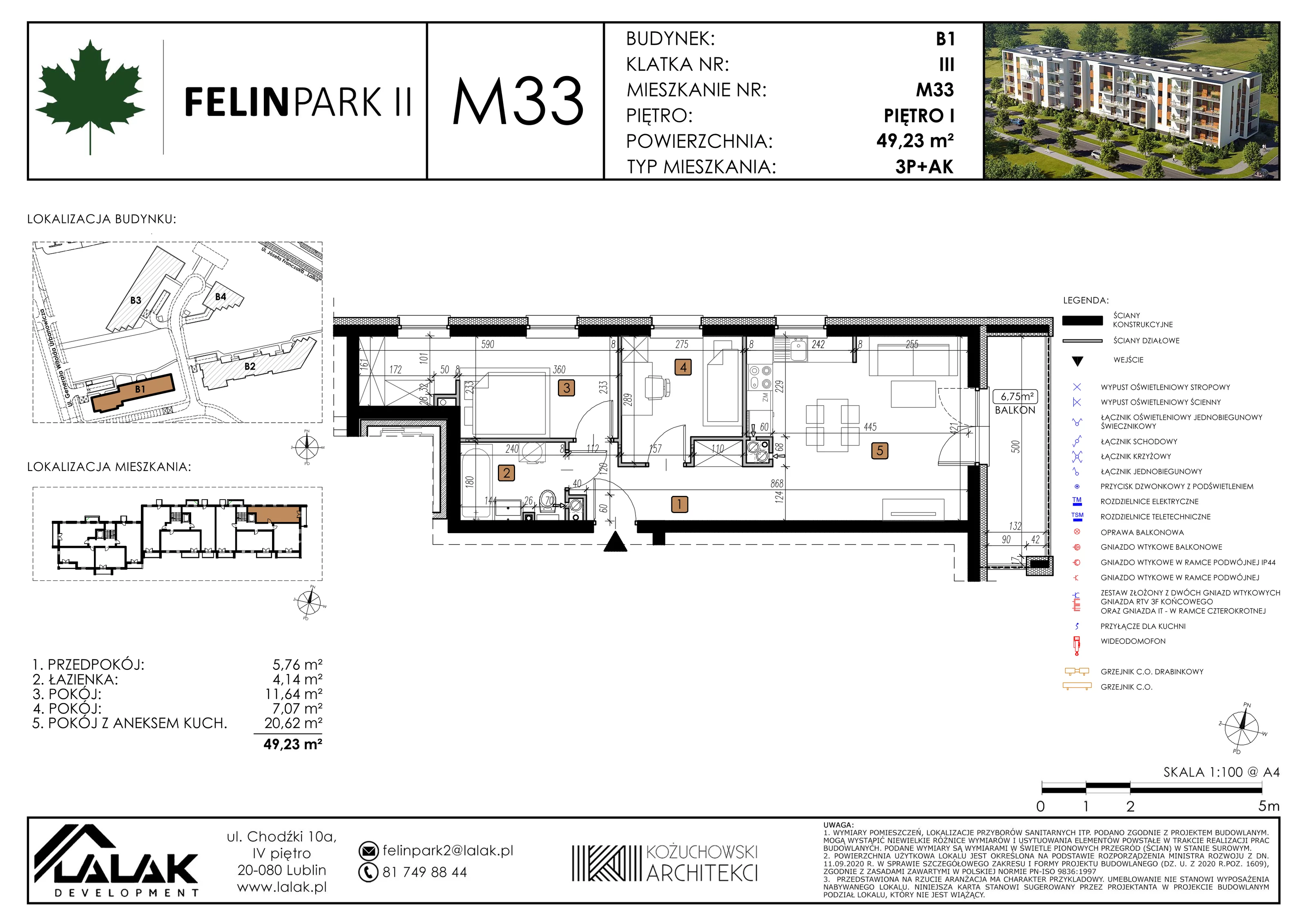 Mieszkanie 49,23 m², piętro 1, oferta nr B1_M33/I, Felin Park II, Lublin, Felin, ul. gen. Stanisława Skalskiego 8-10