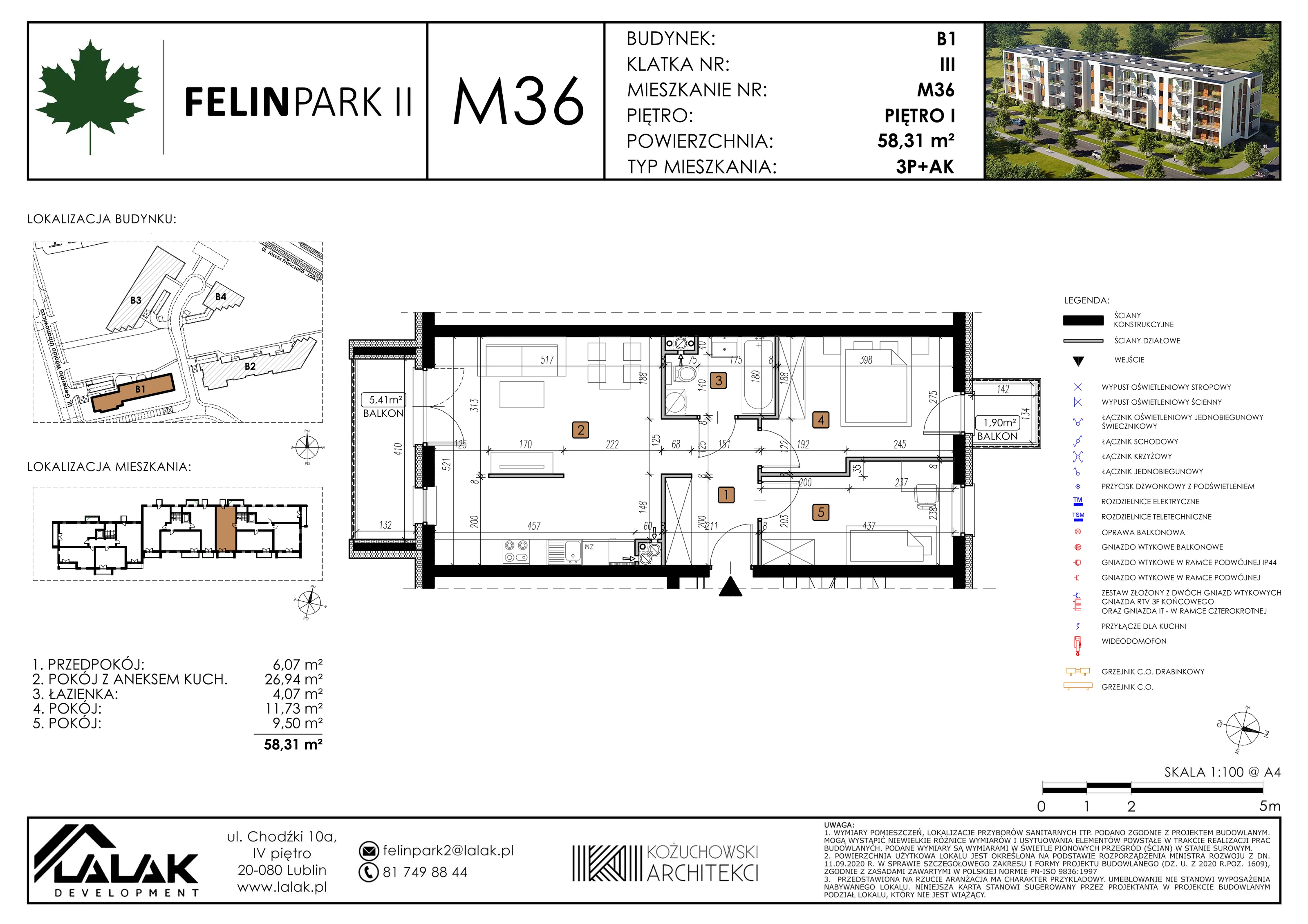 3 pokoje, mieszkanie 58,31 m², piętro 1, oferta nr B1_M36/I, Felin Park II, Lublin, Felin, ul. gen. Stanisława Skalskiego 8-10