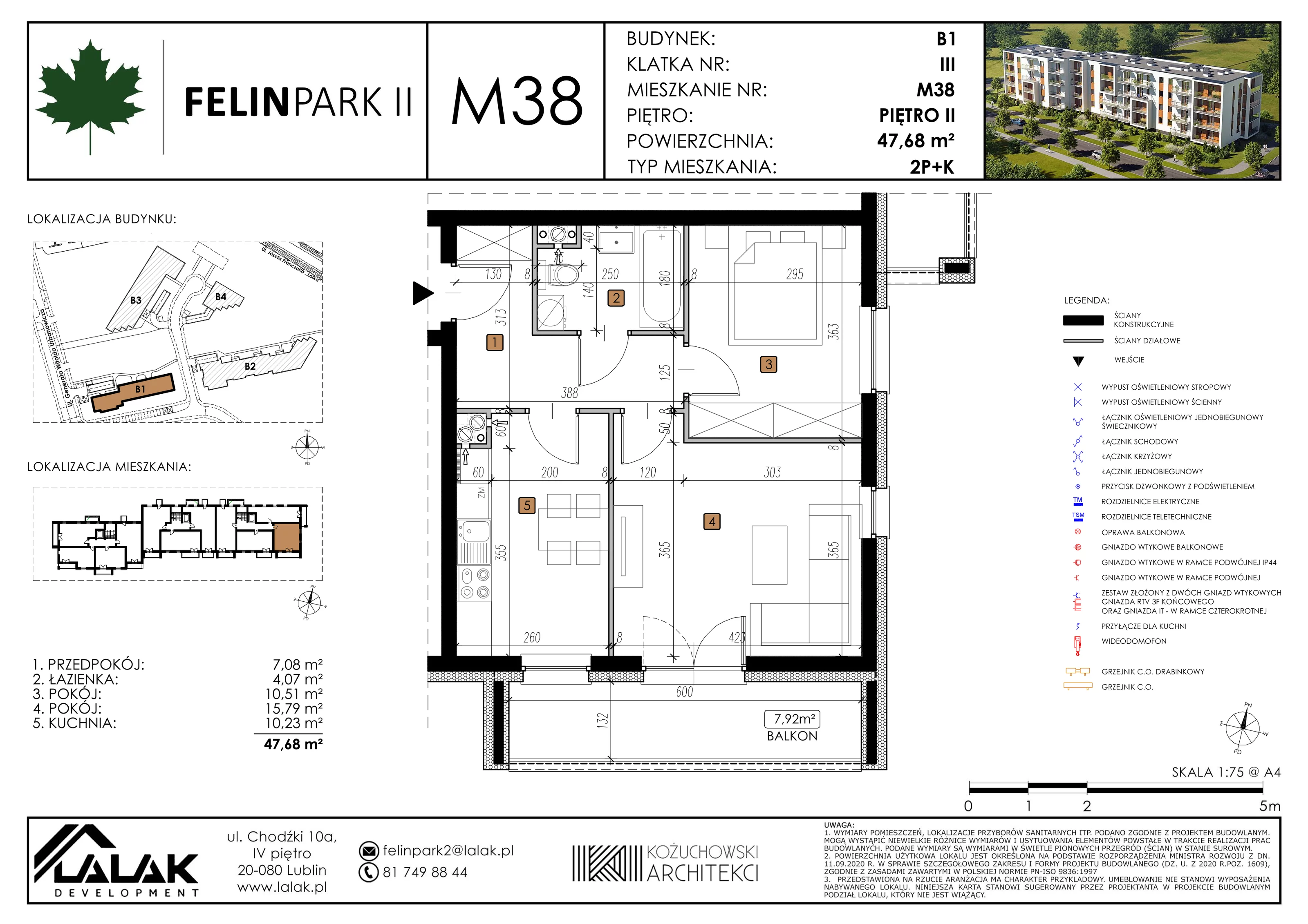 Mieszkanie 47,68 m², piętro 2, oferta nr B1_M38/I, Felin Park II, Lublin, Felin, ul. gen. Stanisława Skalskiego 8-10