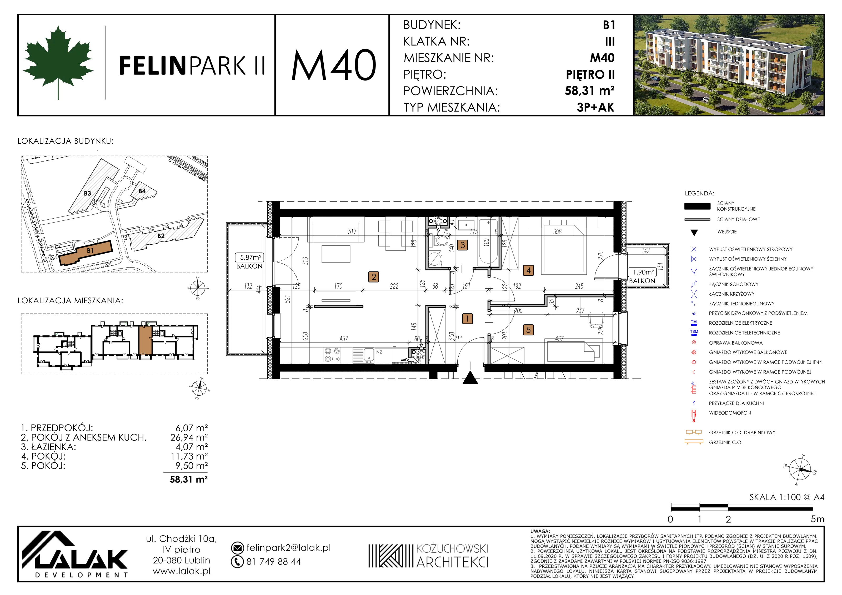 Mieszkanie 58,31 m², piętro 2, oferta nr B1_M40/I, Felin Park II, Lublin, Felin, ul. gen. Stanisława Skalskiego 8-10