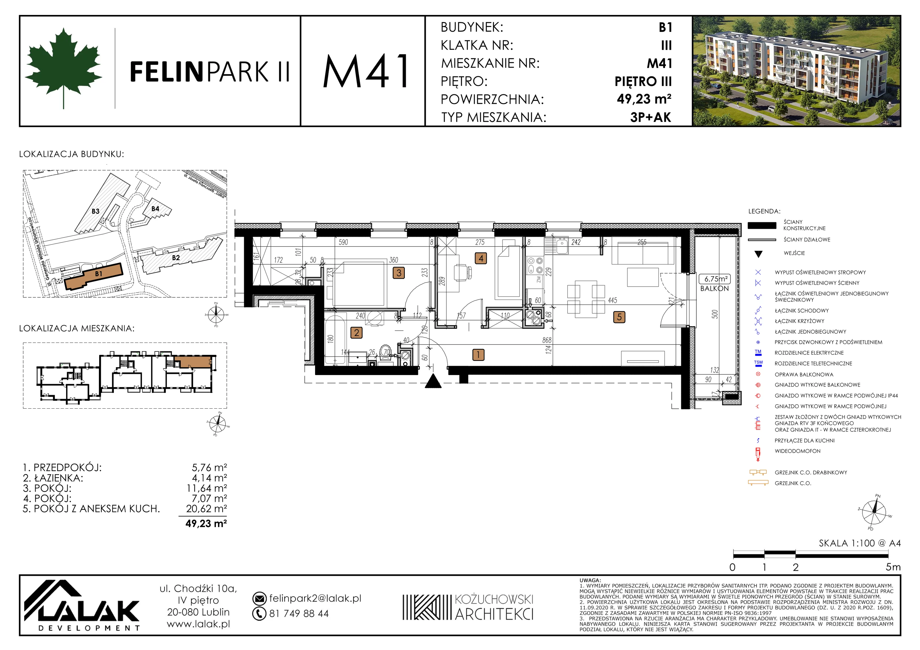 Mieszkanie 49,23 m², piętro 3, oferta nr B1_M41/I, Felin Park II, Lublin, Felin, ul. gen. Stanisława Skalskiego 8-10