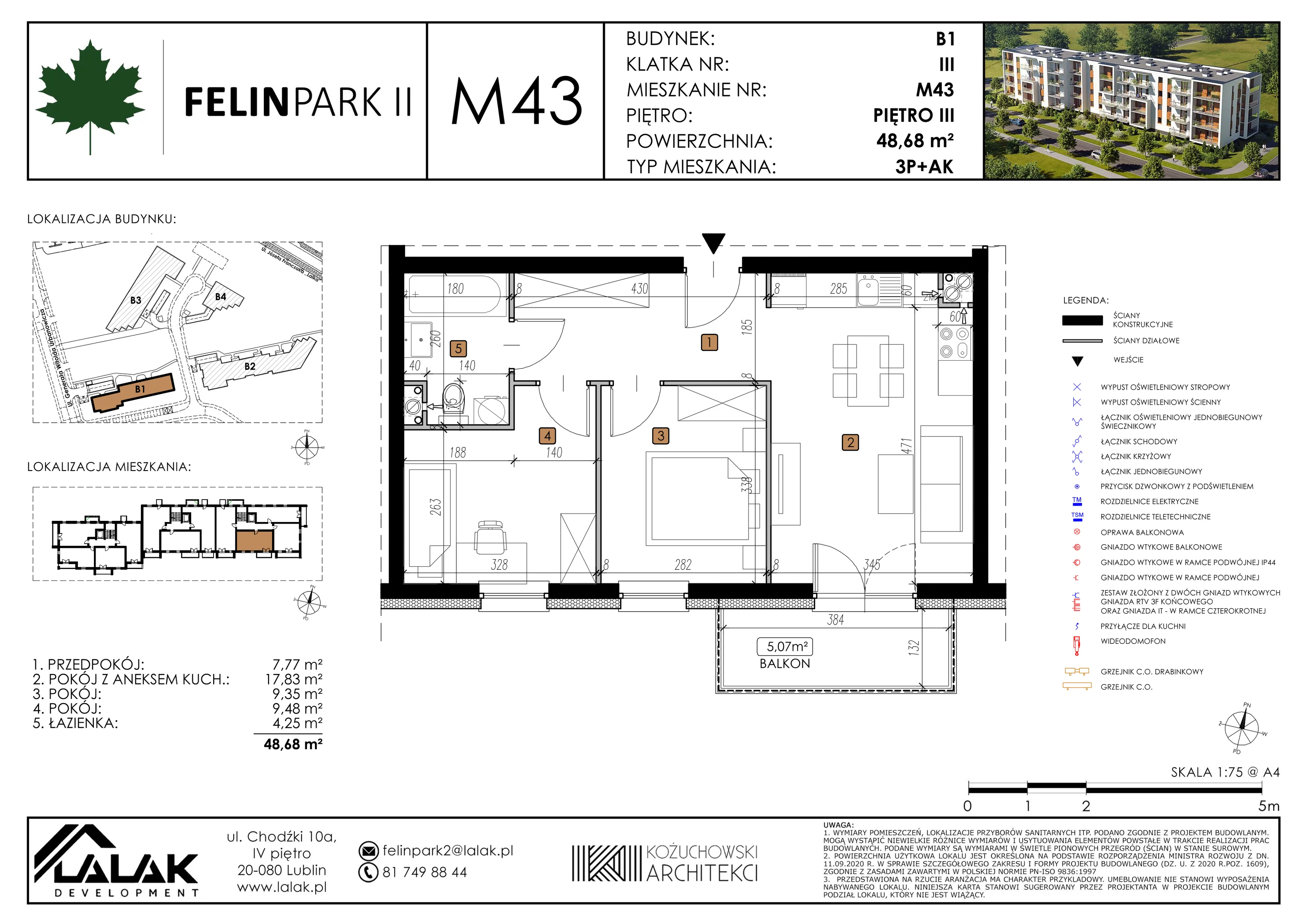 Mieszkanie 48,70 m², piętro 3, oferta nr B1_M43/I, Felin Park II, Lublin, Felin, ul. gen. Stanisława Skalskiego 8-10