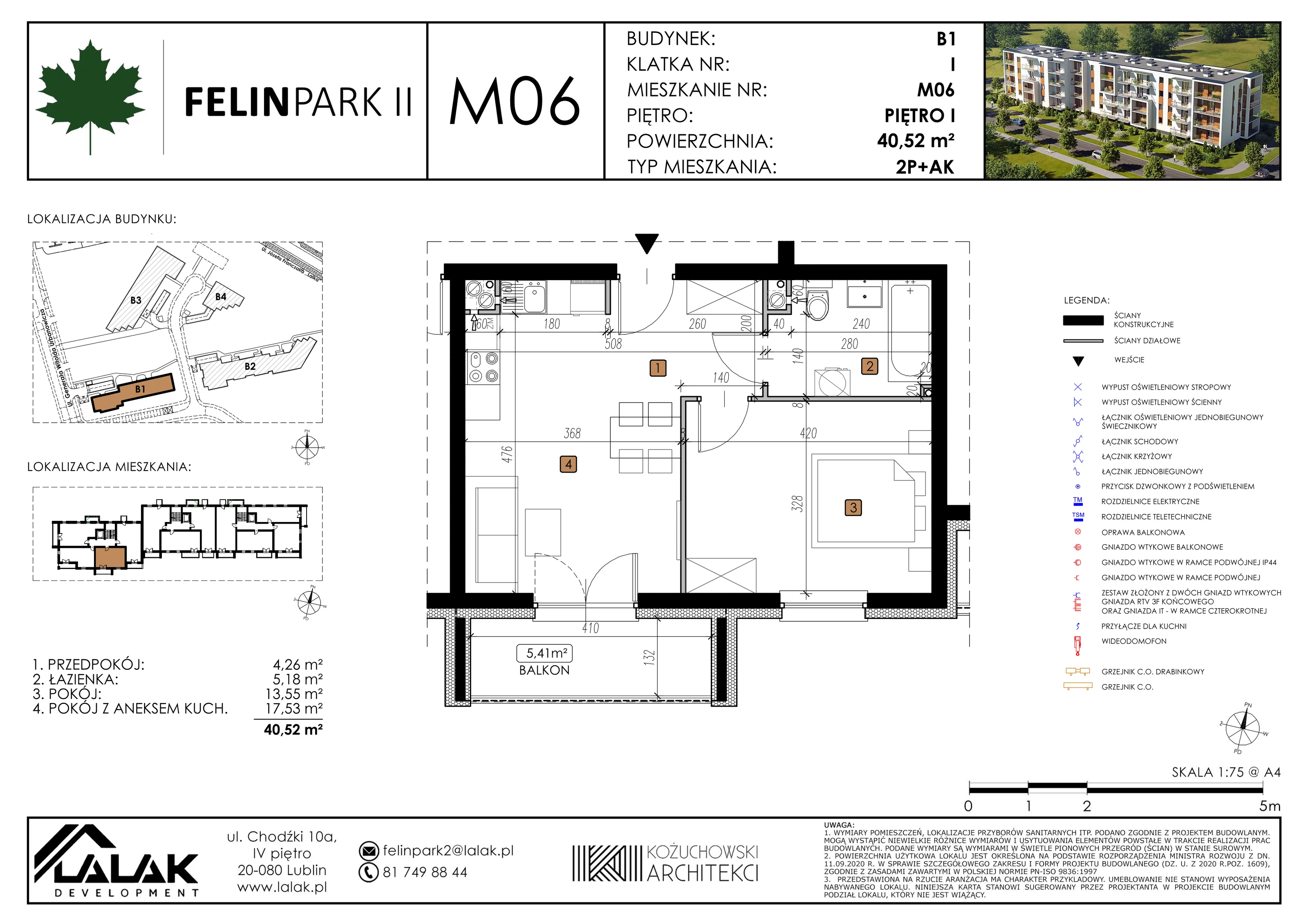 Mieszkanie 40,52 m², piętro 1, oferta nr B1_M6/I, Felin Park II, Lublin, Felin, ul. gen. Stanisława Skalskiego 8-10