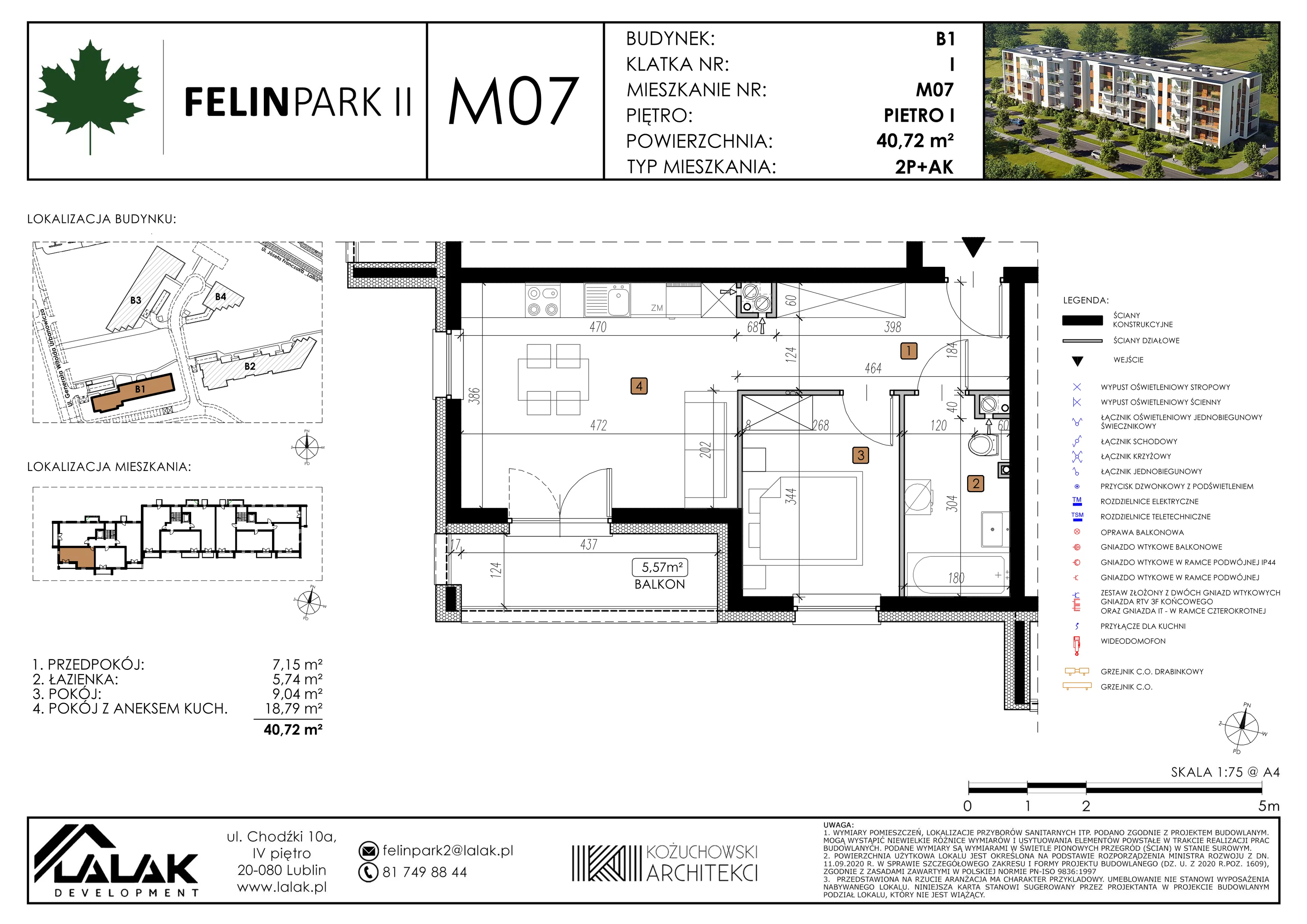 Mieszkanie 40,78 m², piętro 1, oferta nr B1_M7/I, Felin Park II, Lublin, Felin, ul. gen. Stanisława Skalskiego 8-10