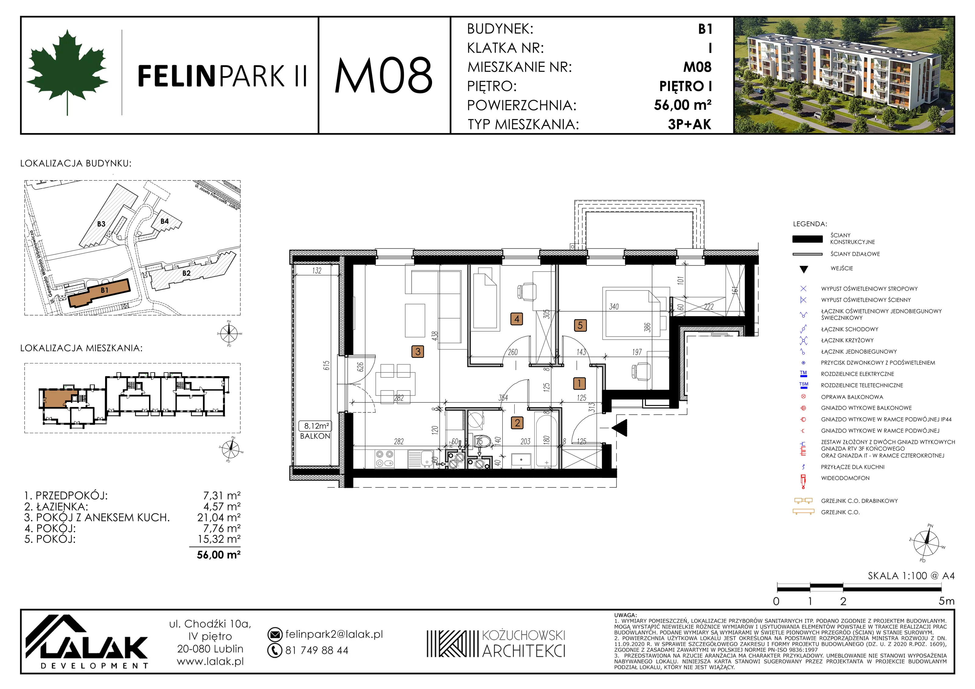 Mieszkanie 56,00 m², piętro 1, oferta nr B1_M8/I, Felin Park II, Lublin, Felin, ul. gen. Stanisława Skalskiego 8-10
