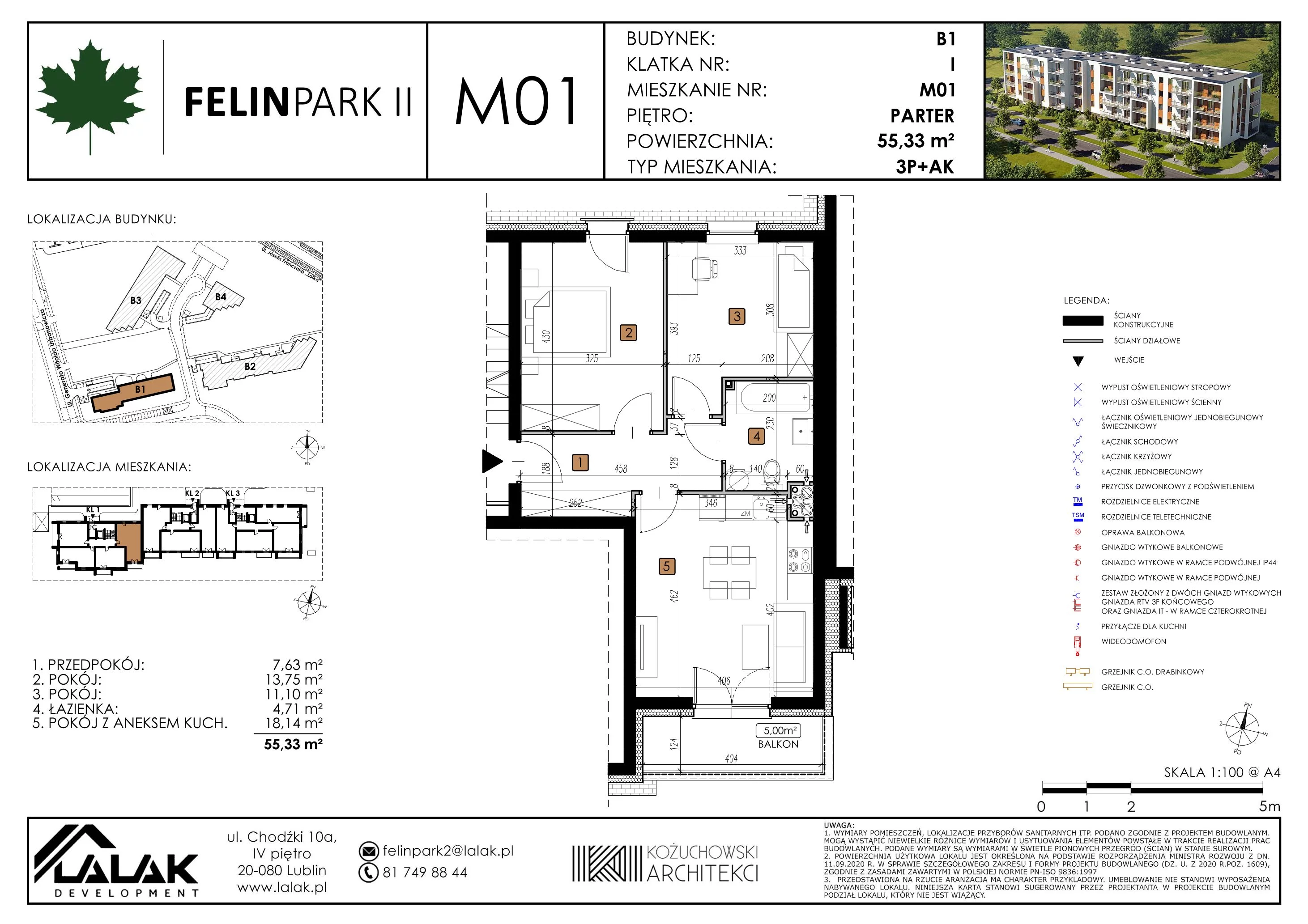 Mieszkanie 55,33 m², parter, oferta nr B1_M1/P, Felin Park II, Lublin, Felin, ul. gen. Stanisława Skalskiego 8-10