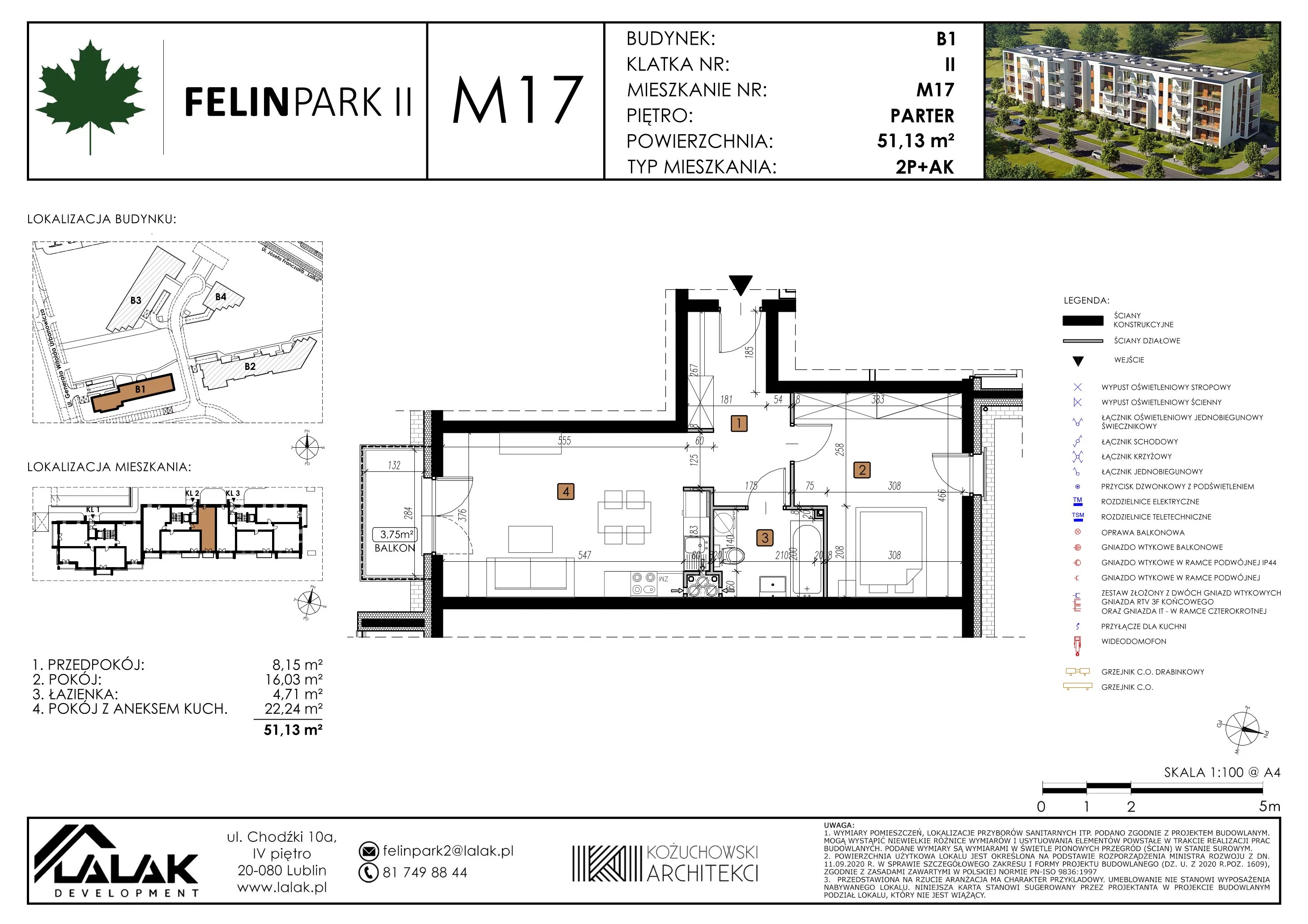 Mieszkanie 51,13 m², parter, oferta nr B1_M17/P, Felin Park II, Lublin, Felin, ul. gen. Stanisława Skalskiego 8-10