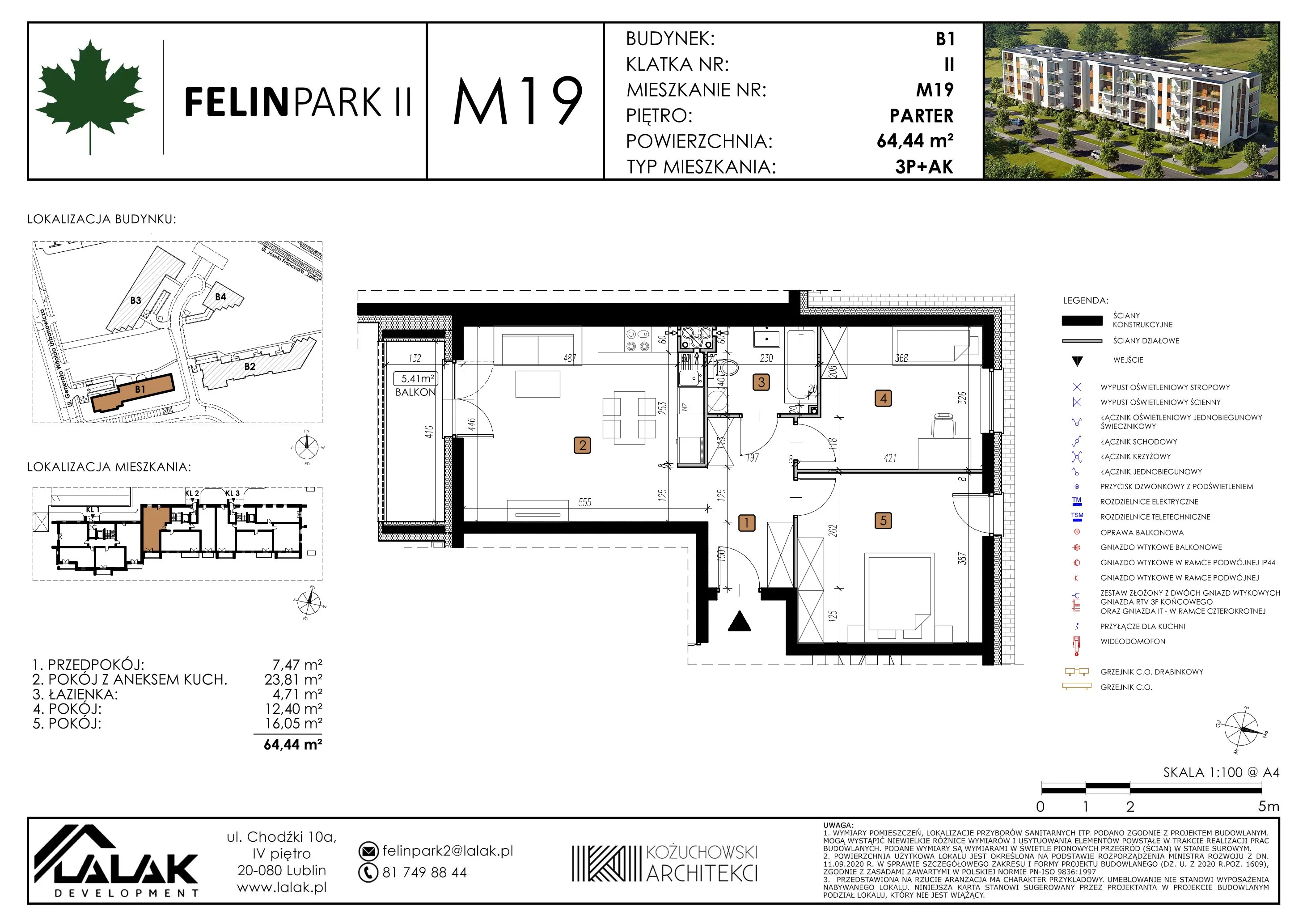 Mieszkanie 64,42 m², parter, oferta nr B1_M19/P, Felin Park II, Lublin, Felin, ul. gen. Stanisława Skalskiego 8-10