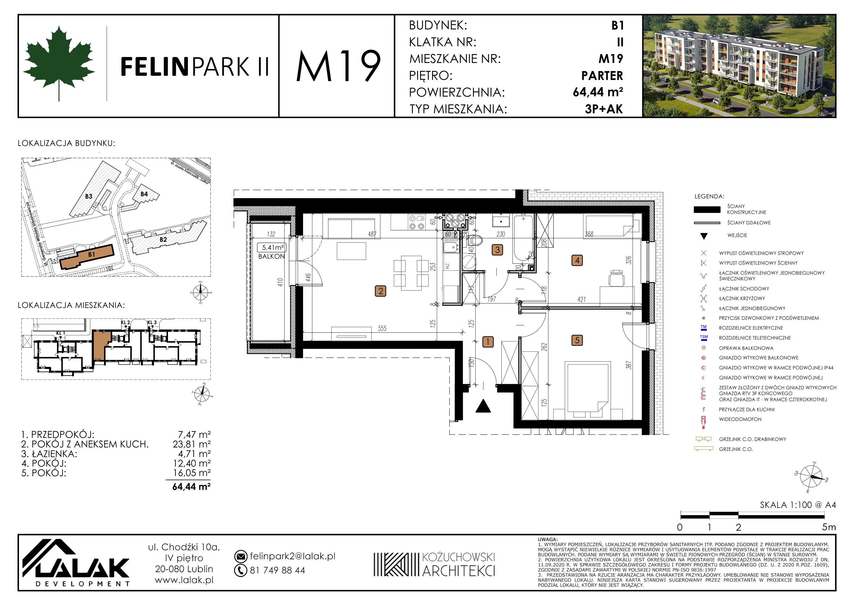 3 pokoje, mieszkanie 64,42 m², parter, oferta nr B1_M19/P, Felin Park II, Lublin, Felin, ul. gen. Stanisława Skalskiego 8-10